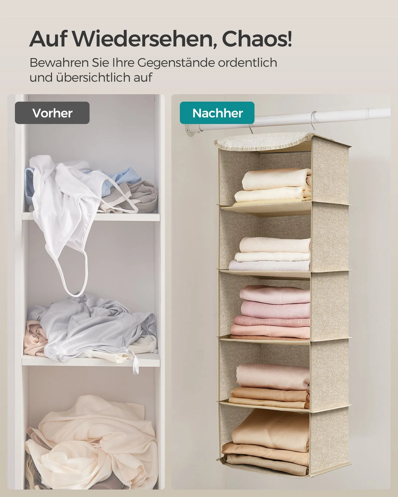 Rootz Hanging Organizer - Storage Rack - Closet Organizer - Sand Beige - Non-Woven Fabric - Bamboo Inserts - Metal Frame - Lightweight - Space-Saving - Easy Assembly - 30cm x 30cm x 90cm