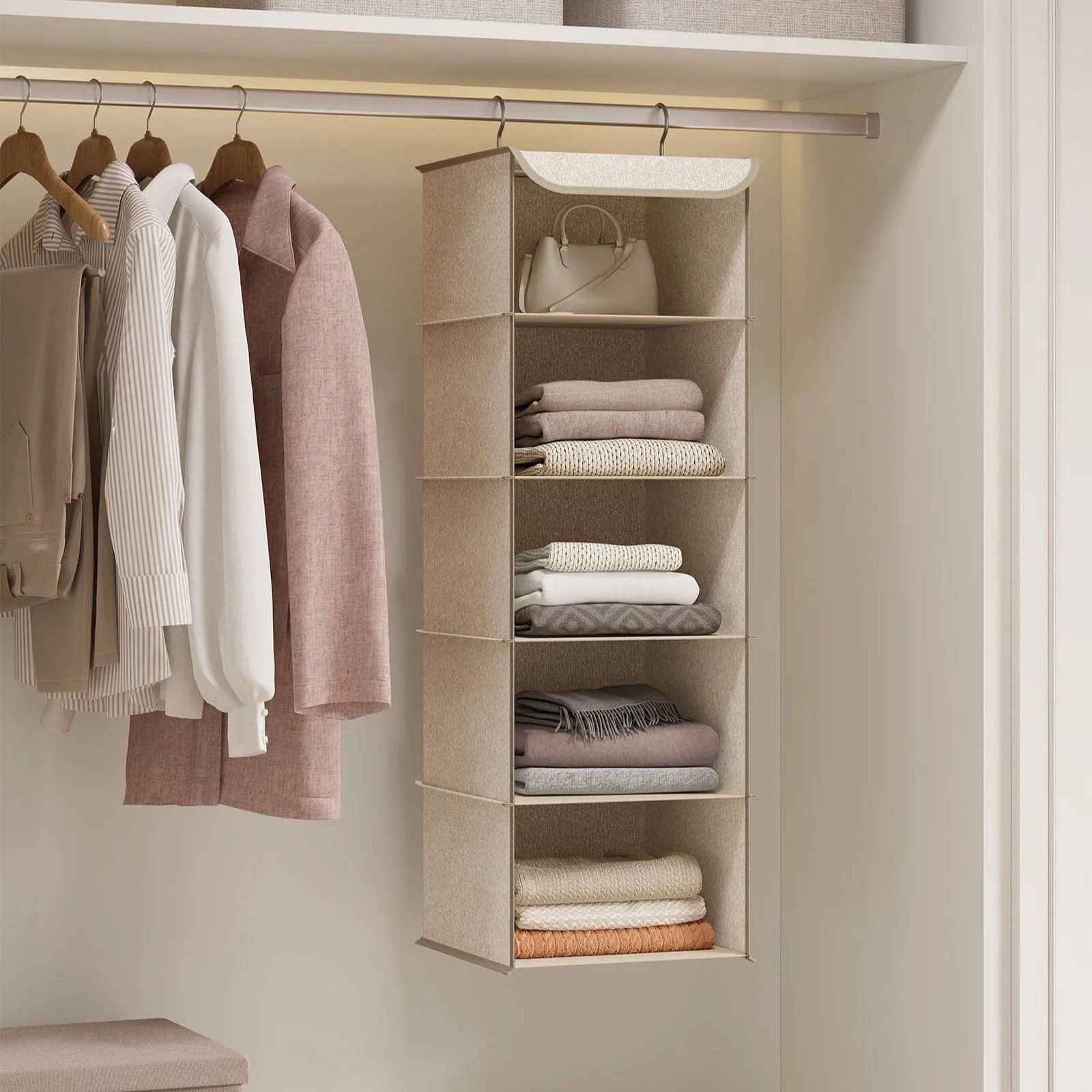 Rootz Hanging Organizer - Storage Rack - Closet Organizer - Sand Beige - Non-Woven Fabric - Bamboo Inserts - Metal Frame - Lightweight - Space-Saving - Easy Assembly - 30cm x 30cm x 90cm