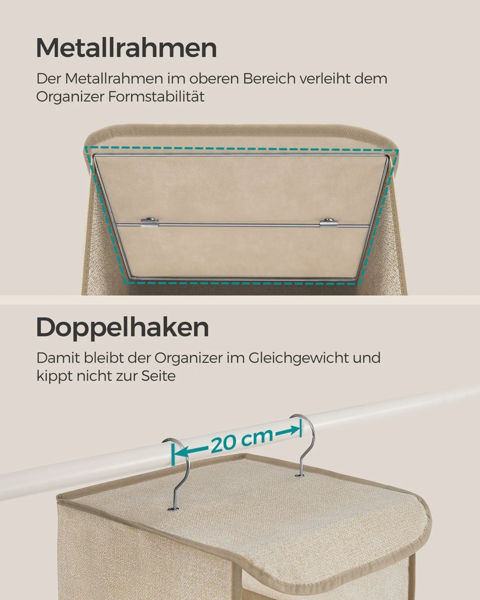 Rootz Hanging Organizer - Storage Rack - Closet Organizer - Sand Beige - Non-Woven Fabric - Bamboo Inserts - Metal Frame - Lightweight - Space-Saving - Easy Assembly - 30cm x 30cm x 90cm