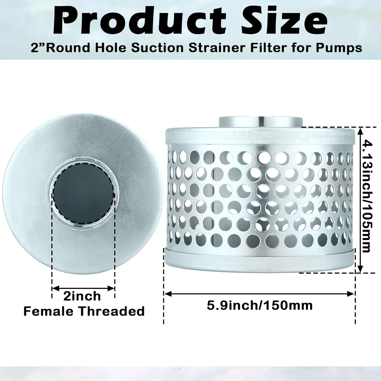 Round Hole Suction Strainer Filter Carbon Steel Plated NPT Thread Hose Water Pump Inlet Strainer for Remove Debris Trash Reduces Solids Entering (2 Inch)