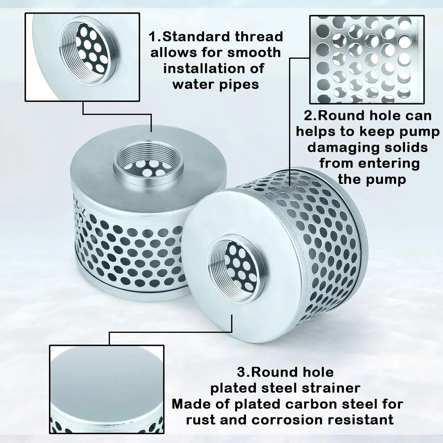 Round Hole Suction Strainer Filter Carbon Steel Plated NPT Thread Hose Water Pump Inlet Strainer for Remove Debris Trash Reduces Solids Entering (2 Inch)