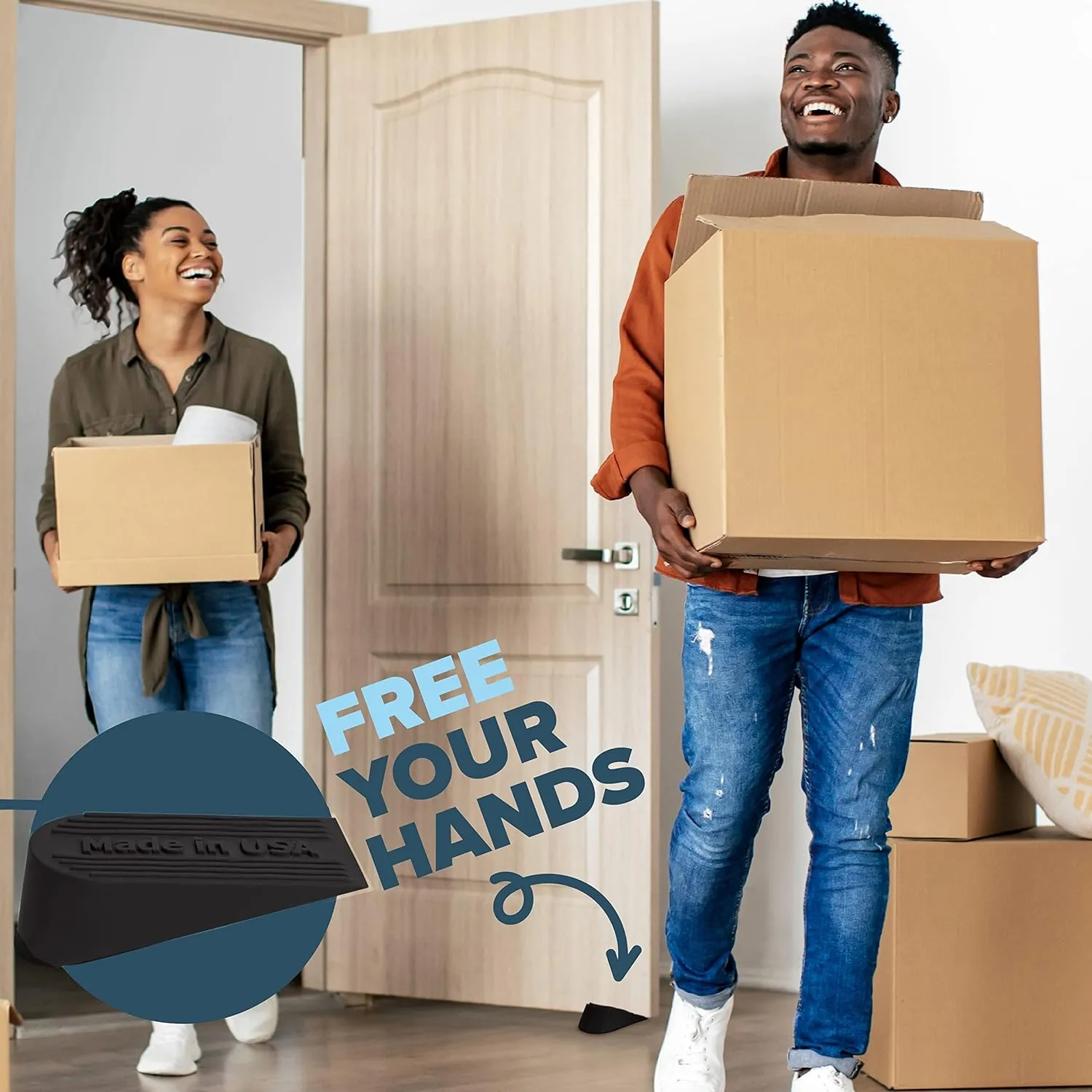 Rubber Door Stoppers for Bottom of Door Made in USA - Door Stop Wedge for Carpet, Tile, Concrete Floor, Heavy Duty for Commercial & Home - 2.1 x 1.3 x 4.3 Inches - Black, 4 Pack