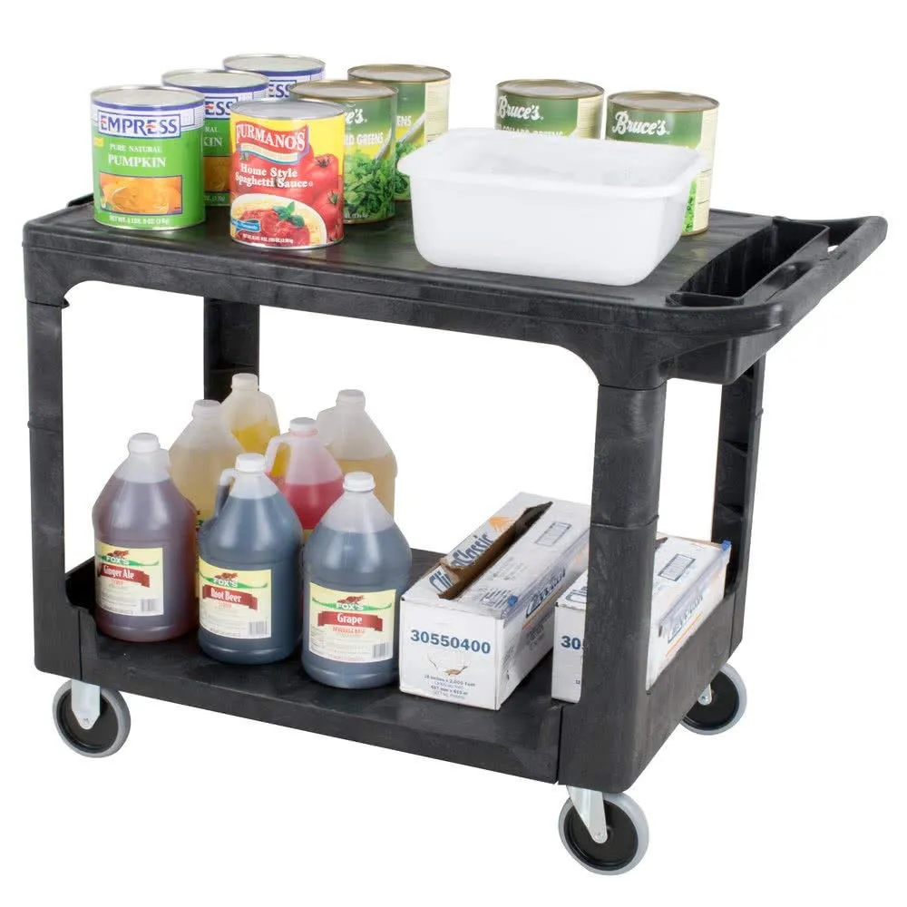 Rubbermaid Commercial Products 2-Shelf Utility/Service Cart Medium Flat Shelves Storage Handle 500 lbs. Capacity for Warehouse/Garage/Cleaning/Manufacturing