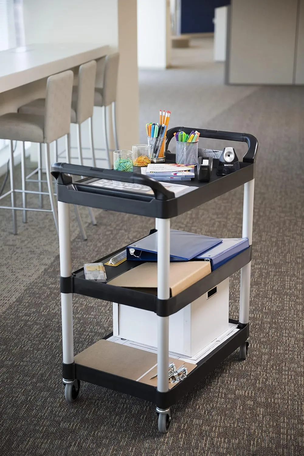 Rubbermaid Commercial Products Heavy Duty 3-Shelf Rolling Service/Utility/Push Cart, 200 lbs. Capacity, Black, for Foodservice/Restaurant/Cleaning/Warehouse/Garage