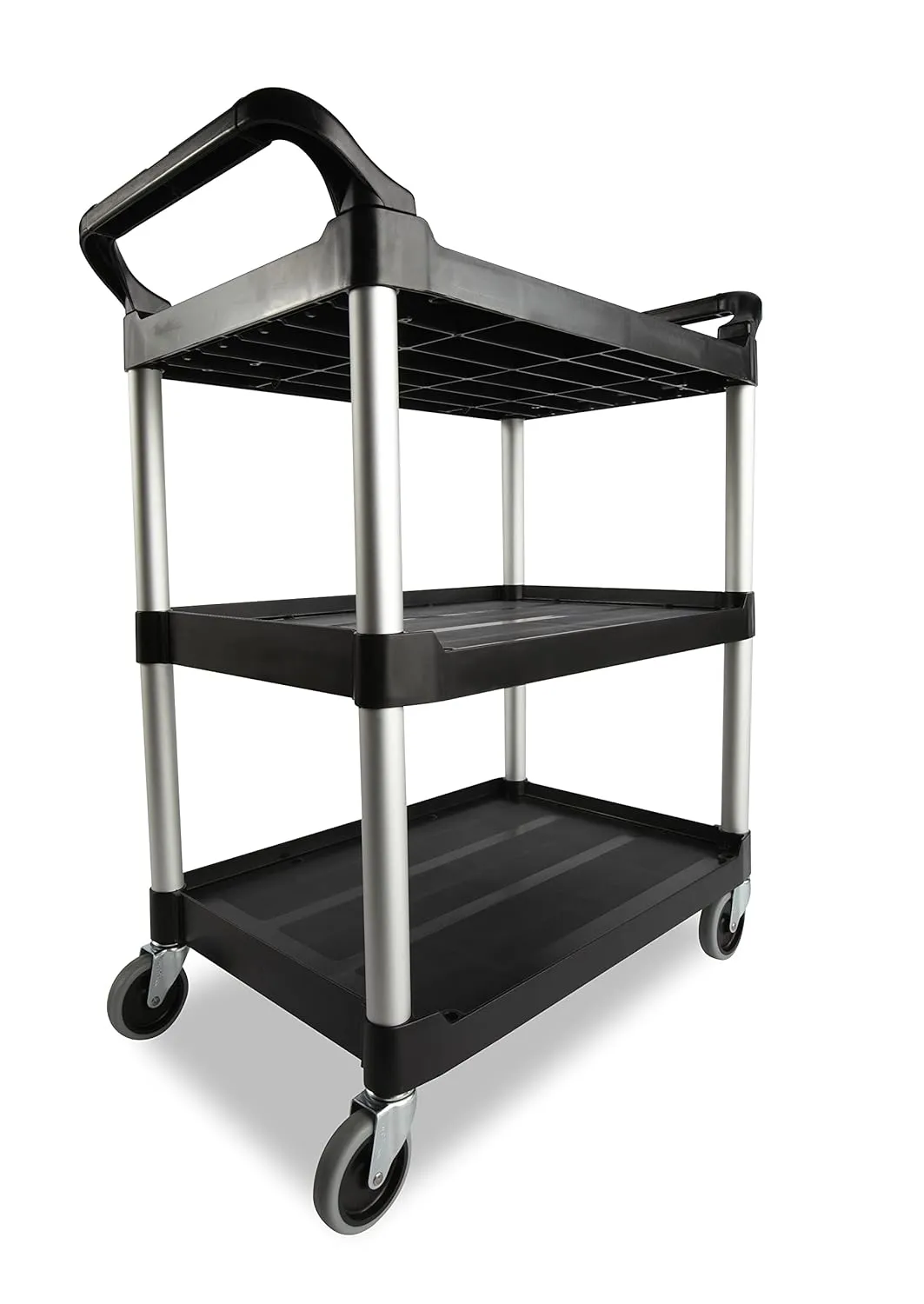 Rubbermaid Commercial Products Heavy Duty 3-Shelf Rolling Service/Utility/Push Cart, 200 lbs. Capacity, Black, for Foodservice/Restaurant/Cleaning/Warehouse/Garage