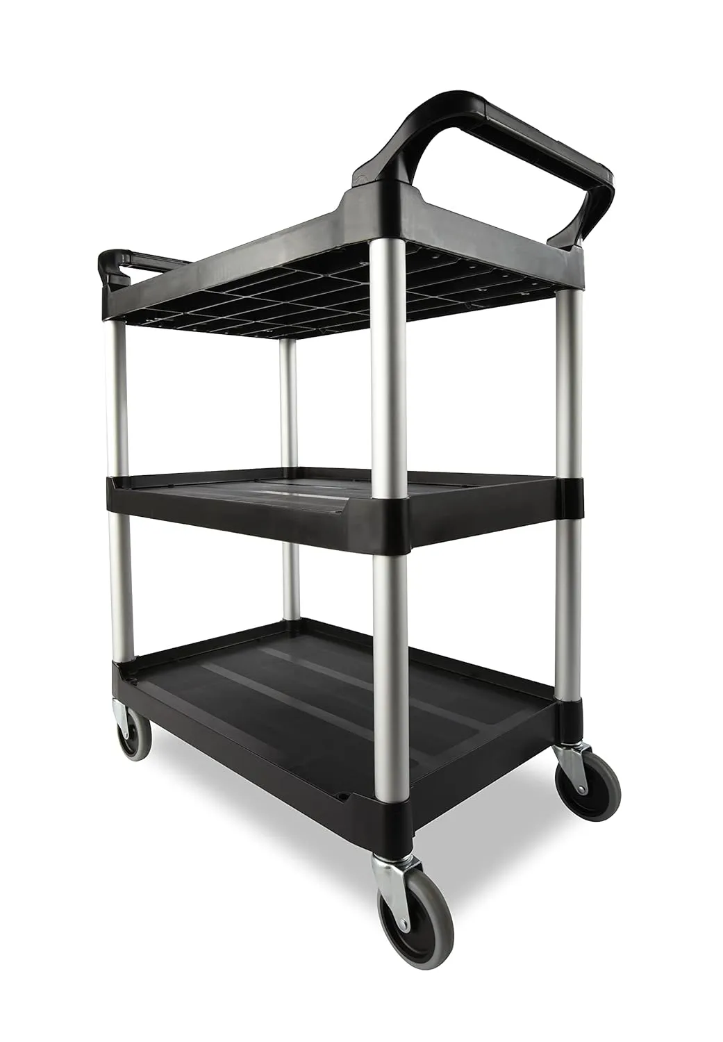 Rubbermaid Commercial Products Heavy Duty 3-Shelf Rolling Service/Utility/Push Cart, 200 lbs. Capacity, Black, for Foodservice/Restaurant/Cleaning/Warehouse/Garage