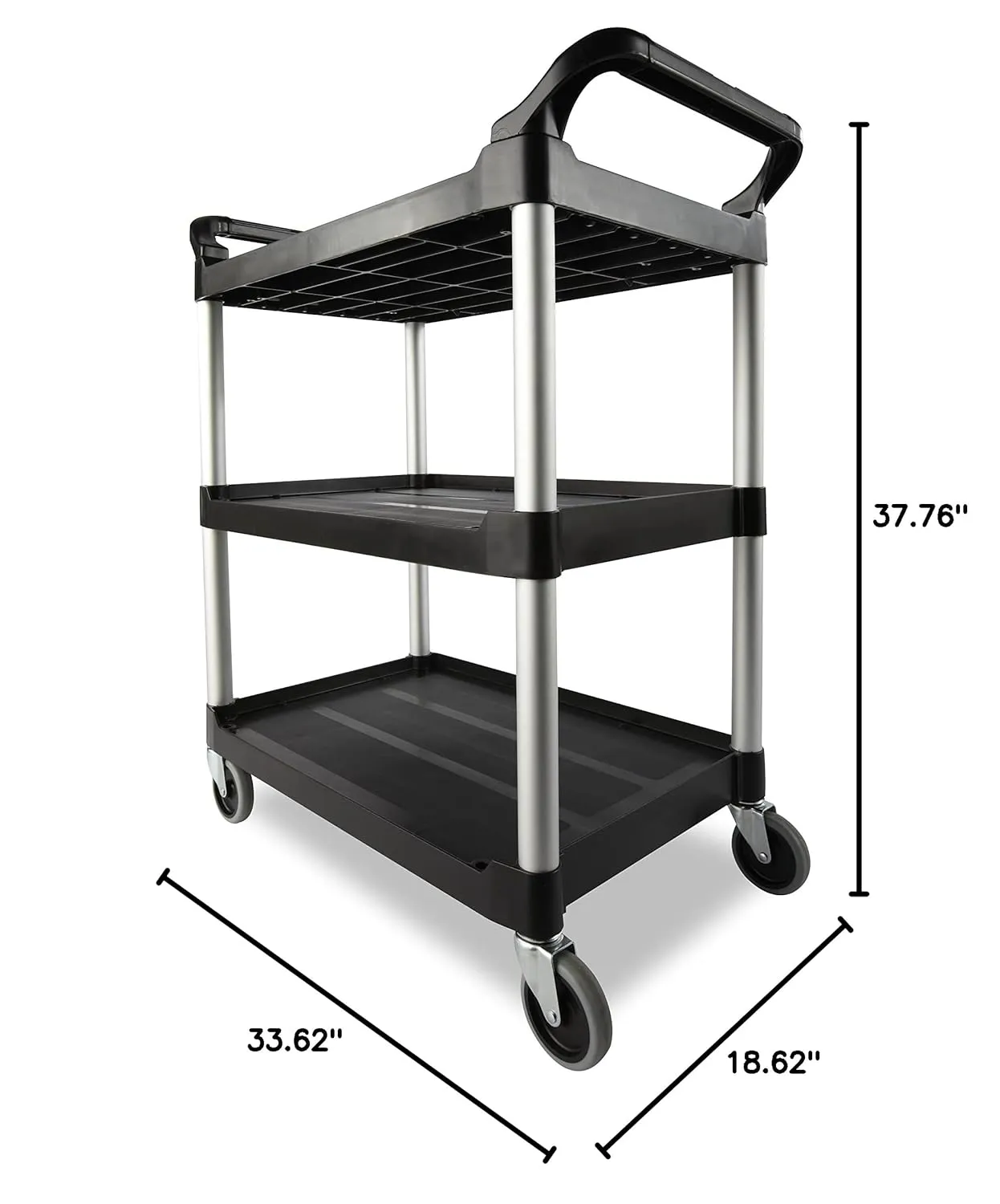 Rubbermaid Commercial Products Heavy Duty 3-Shelf Rolling Service/Utility/Push Cart, 200 lbs. Capacity, Black, for Foodservice/Restaurant/Cleaning/Warehouse/Garage