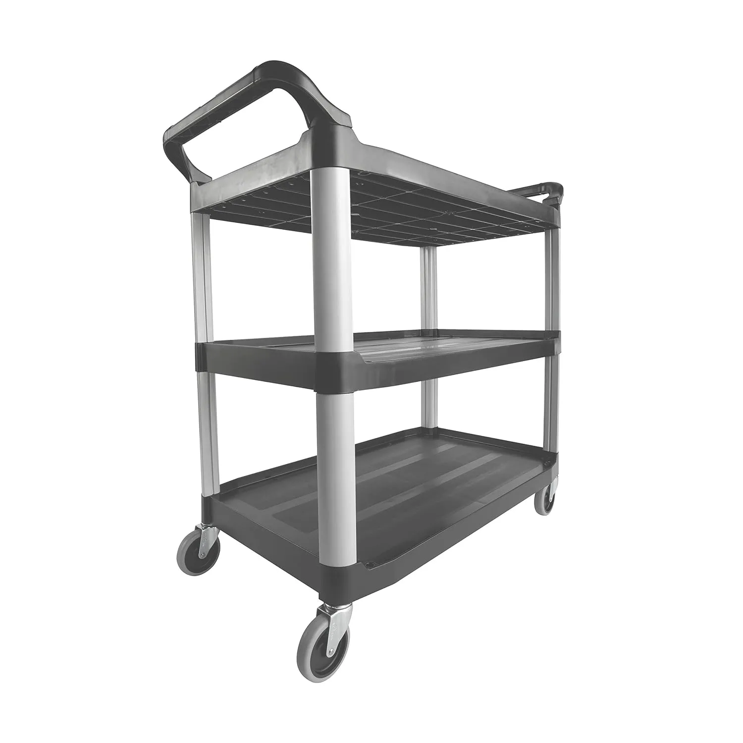 Rubbermaid Commercial Products Heavy Duty 3-Shelf Rolling Service/Utility/Push Cart, 300 lbs. Capacity, Gray, for Foodservice/Restaurant/Cleaning (FG409100GRAY)