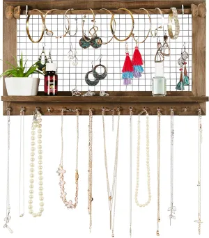 Rustic Jewelry Organizer with Bracelet Rod Wall Mounted - Wooden Wall Mount Holder for Earrings, Necklaces, Bracelets, and Many Other Accessories