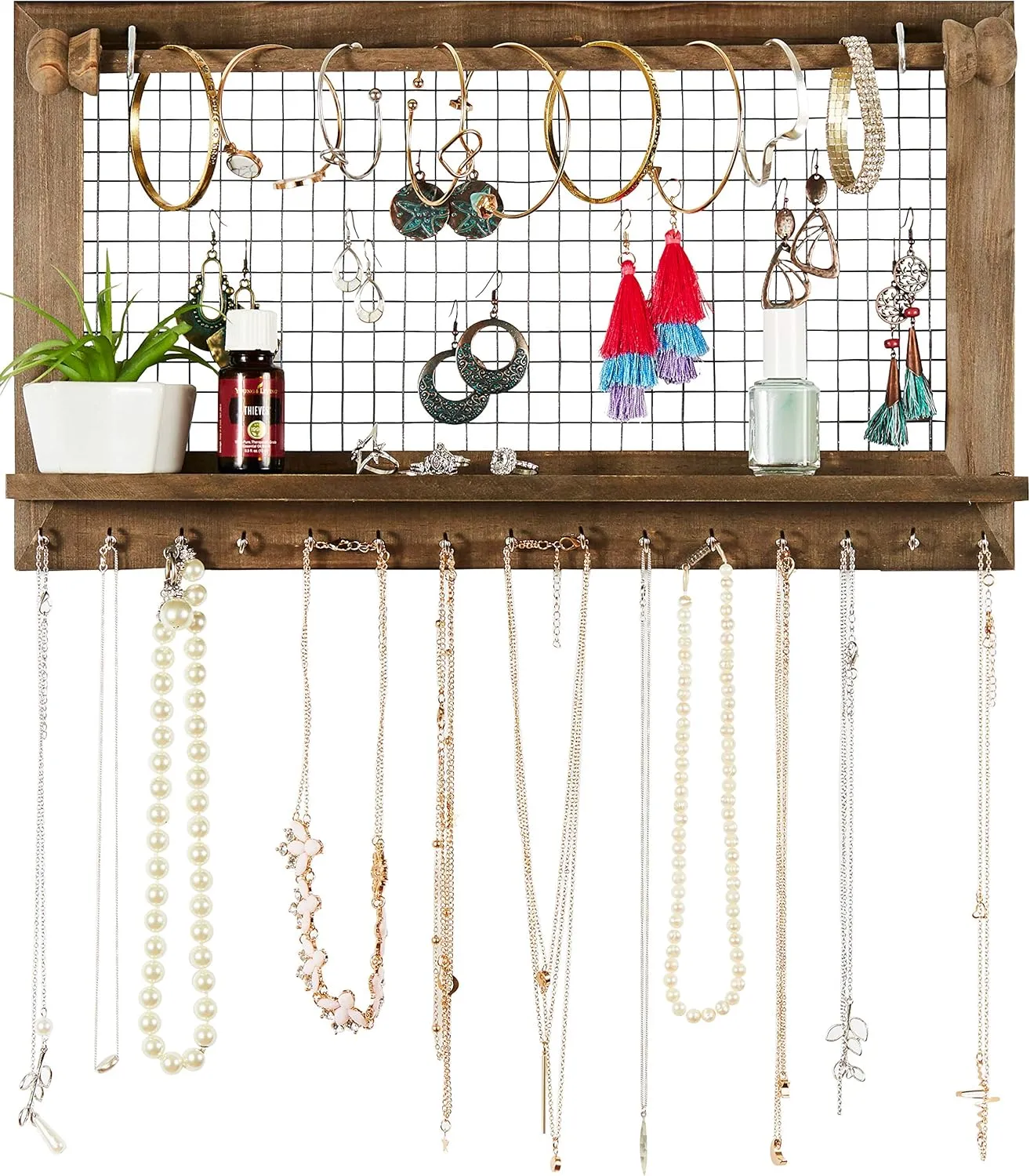 Rustic Jewelry Organizer with Bracelet Rod Wall Mounted - Wooden Wall Mount Holder for Earrings, Necklaces, Bracelets, and Many Other Accessories