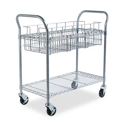 Safco® Dual-Purpose Wire Mail and Filing Cart, Metal, 1 Shelf, 1 Bin, 39" x 18.75" x 38.5", Metallic Gray