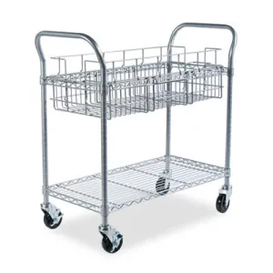 Safco® Dual-Purpose Wire Mail and Filing Cart, Metal, 1 Shelf, 1 Bin, 39" x 18.75" x 38.5", Metallic Gray