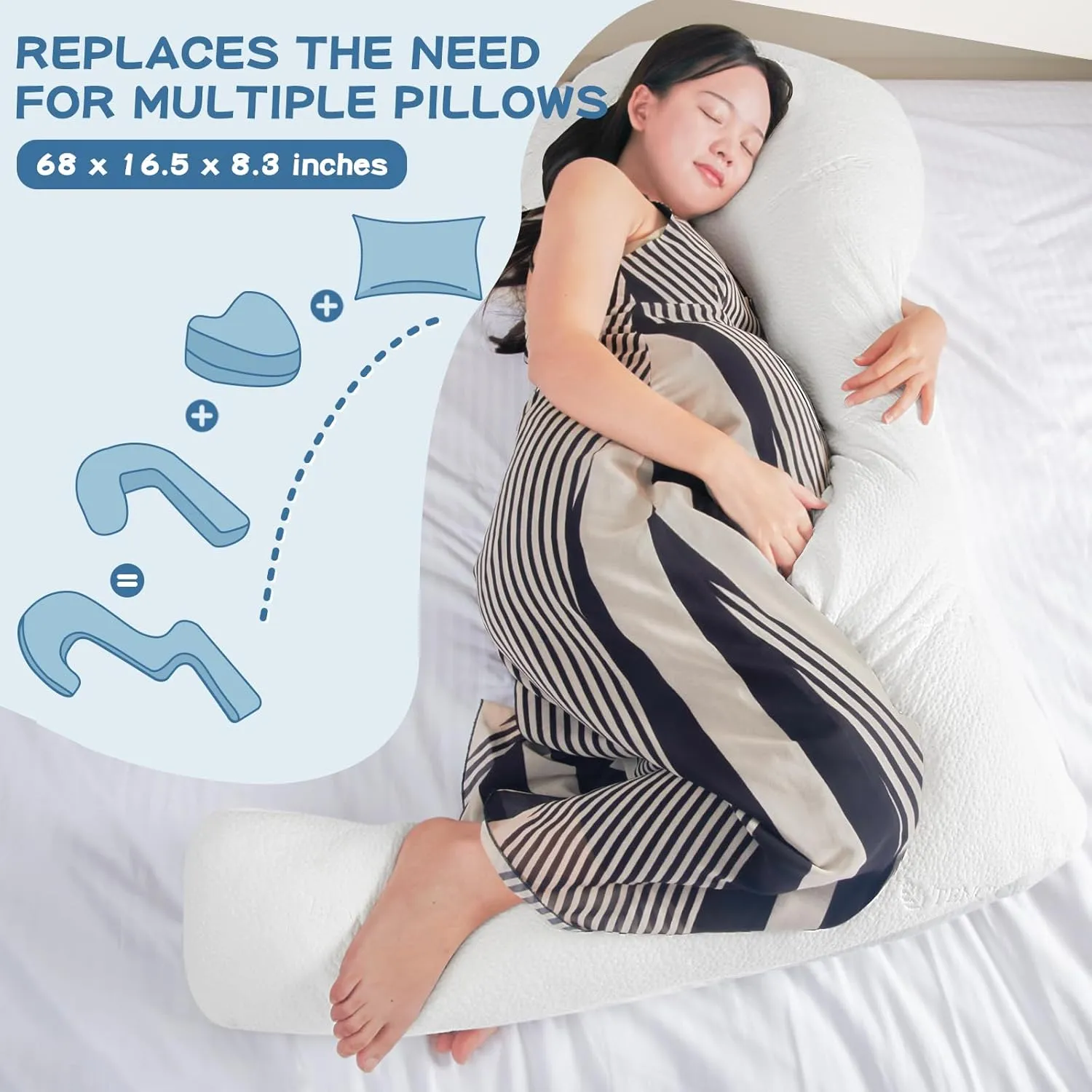 SAHEYER Body Pillow for Side Sleepers, 68 Inch Long Body Pillow Memory Foam Body Pillow with Cover, 3-Shaped Full Body Pillow Support Pregnancy - for Back, HIPS, Legs, Belly for Adults (White)