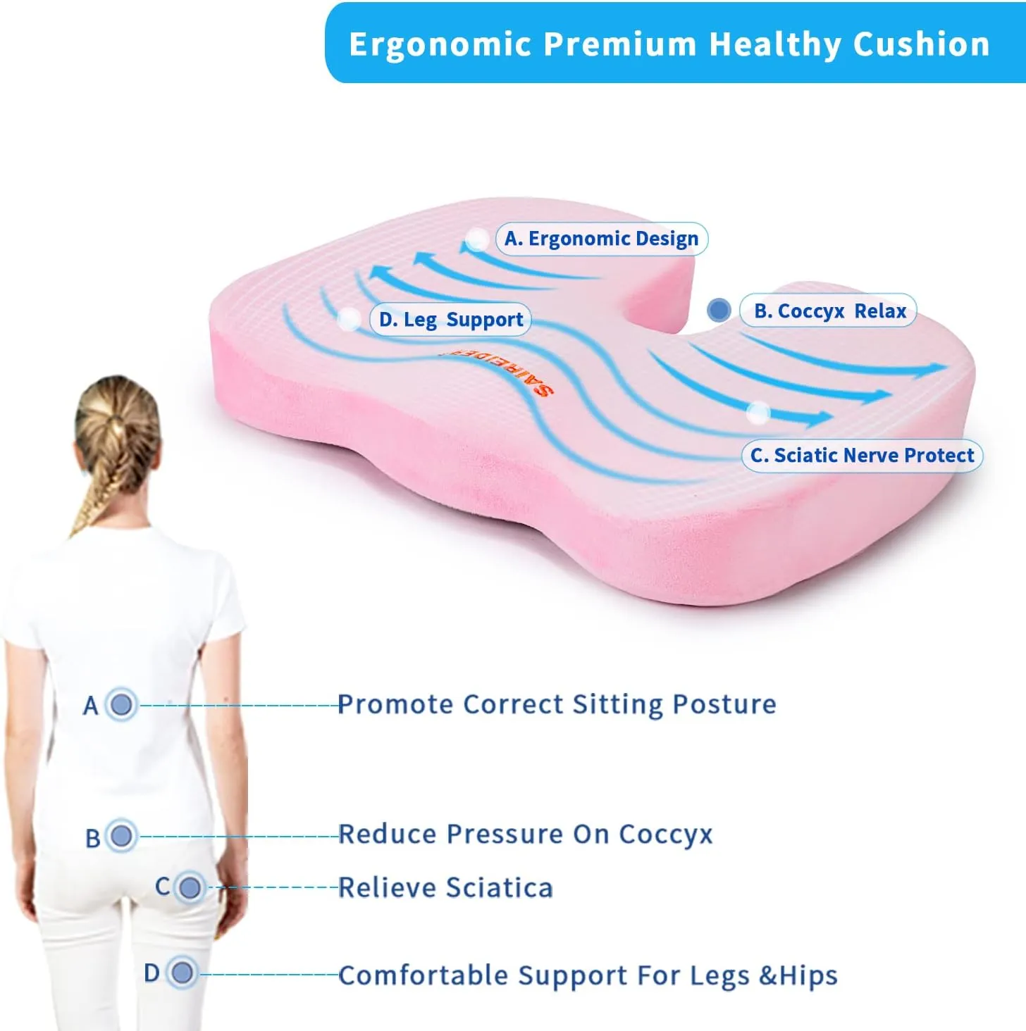 SAIREIDER Office Chair Cushion, Car Seat Cushion, Memory Foam Coccyx Cushion Pads for Tailbone Pain, Sciatica Relief Pillow, Correct Sitting Posture (Pink)