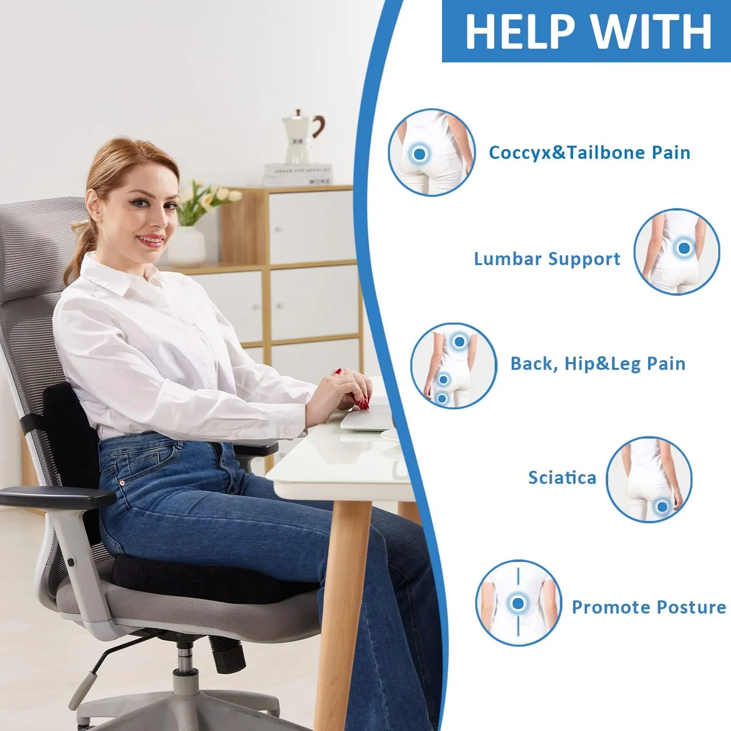 SAIREIDER Seat Cushion and Lumbar Support Pillow for Office Chair, Memory Foam Car Seat Cushions Back Support Pillows, Help Relieve Pain of Back, Lumbar, Tailbone and Sciatic Nerve（Black）