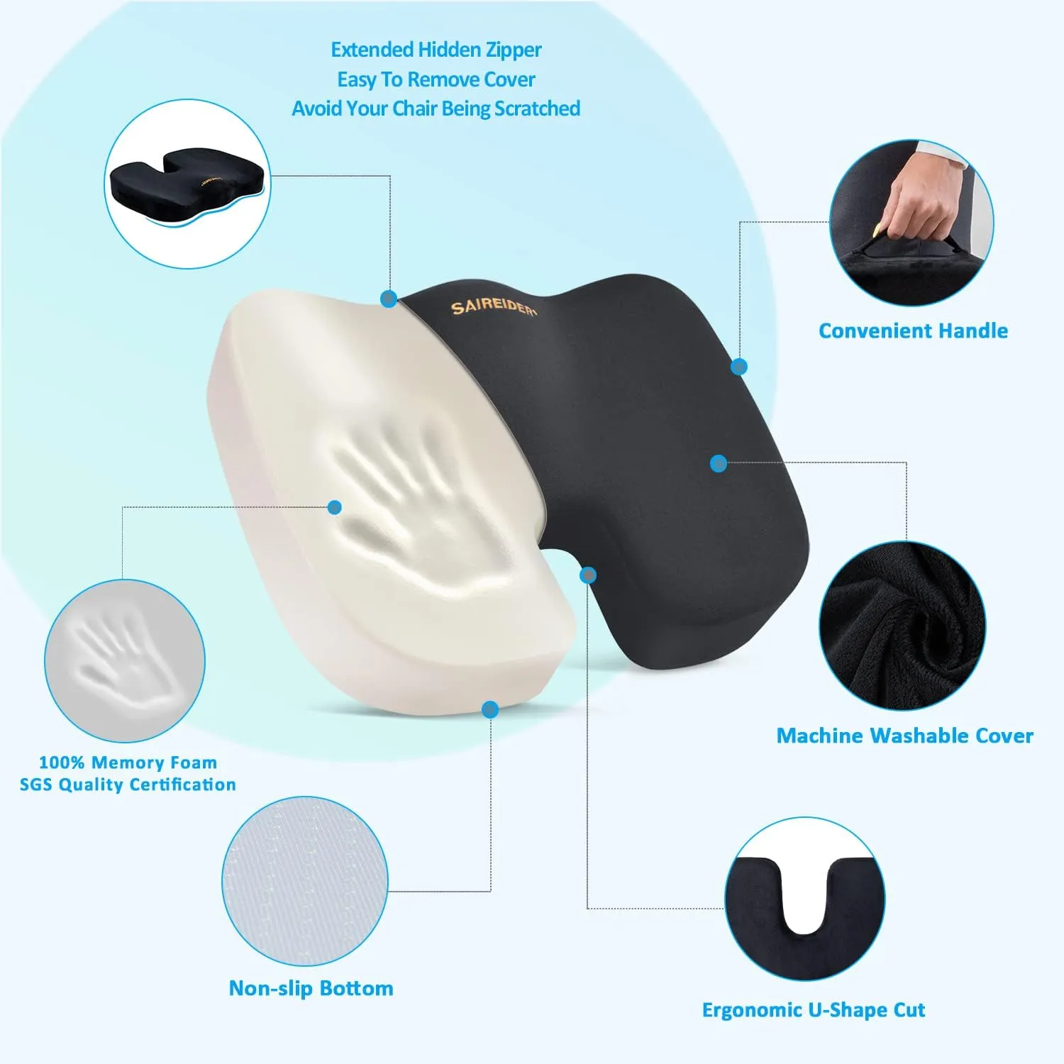 SAIREIDER Seat Cushion and Lumbar Support Pillow for Office Chair, Memory Foam Car Seat Cushions Back Support Pillows, Help Relieve Pain of Back, Lumbar, Tailbone and Sciatic Nerve（Black）