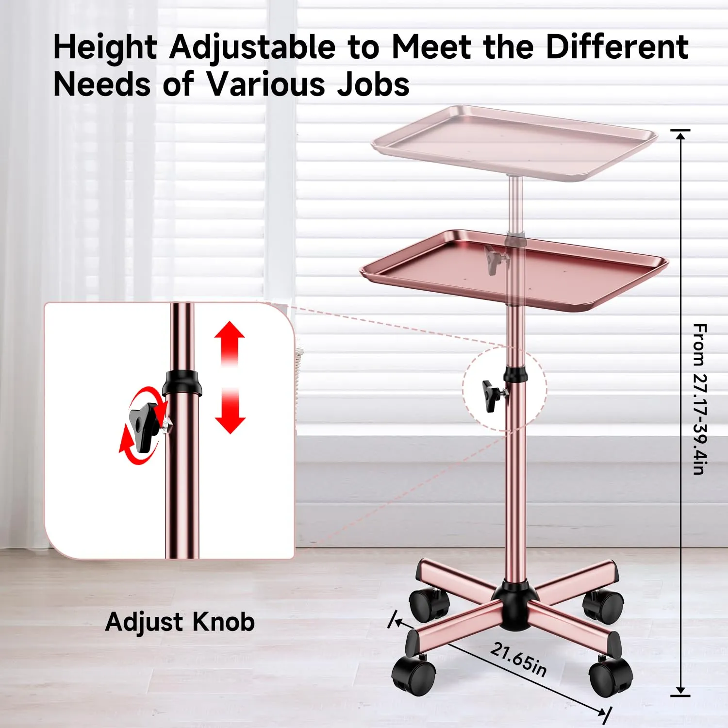 Salon Tray Cart Rolling Tray Spa Tray,Tattoo Tray Dental Tray Height Adjustable,Salon Tray on Wheels Premium Metal Rolling Trolley,Rose Gold