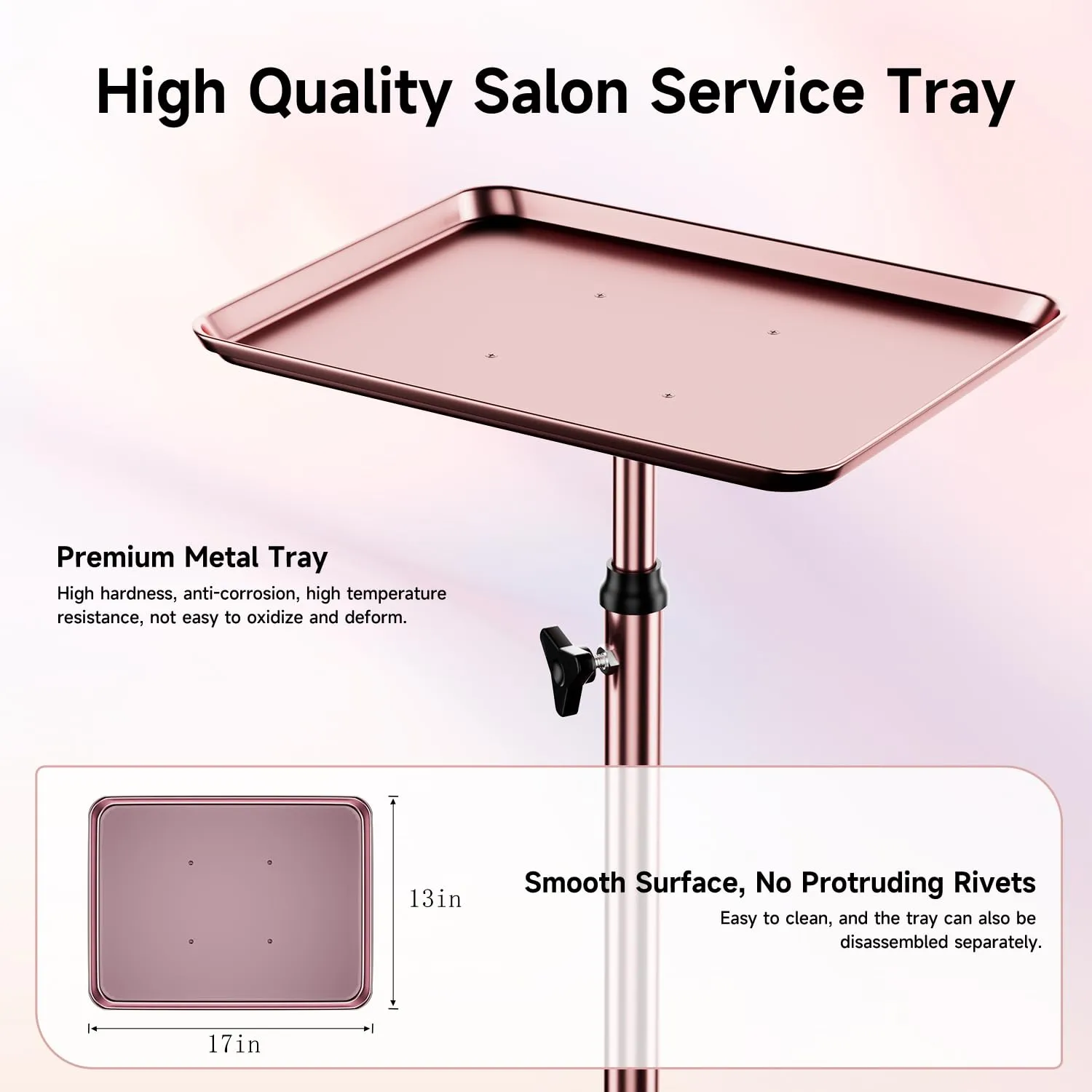 Salon Tray Cart Rolling Tray Spa Tray,Tattoo Tray Dental Tray Height Adjustable,Salon Tray on Wheels Premium Metal Rolling Trolley,Rose Gold