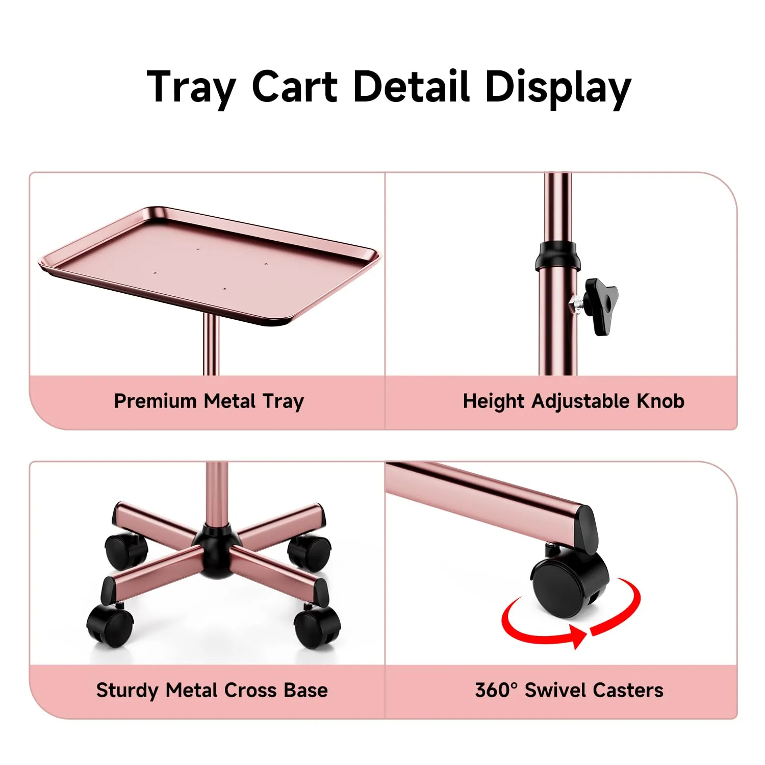 Salon Tray Cart Rolling Tray Spa Tray,Tattoo Tray Dental Tray Height Adjustable,Salon Tray on Wheels Premium Metal Rolling Trolley,Rose Gold