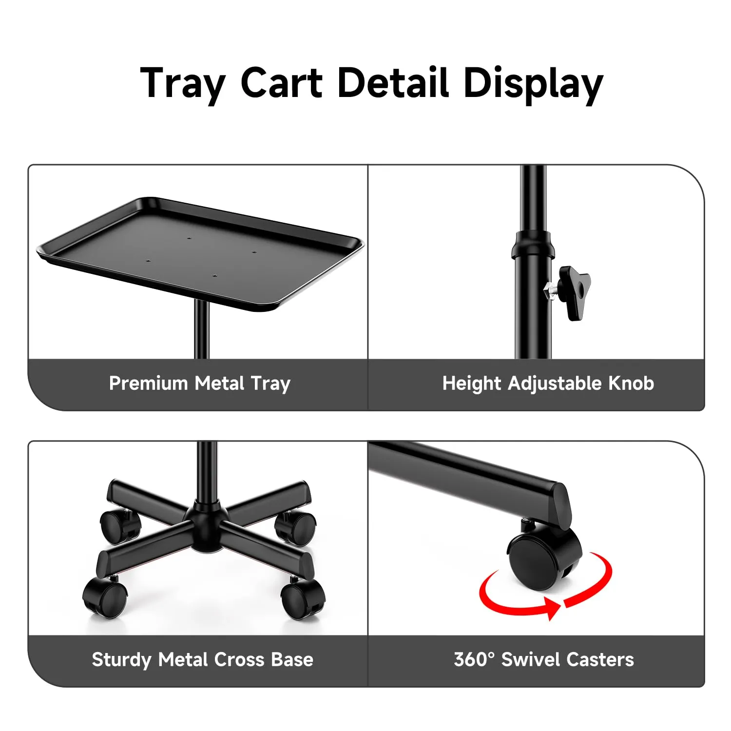 Salon Tray Cart Tattoo Tray Rolling Tray Spa Tray, Dental Tray Height Adjustable, Salon Tray on Wheels Hairstylist Salon Trolley Cart,Black