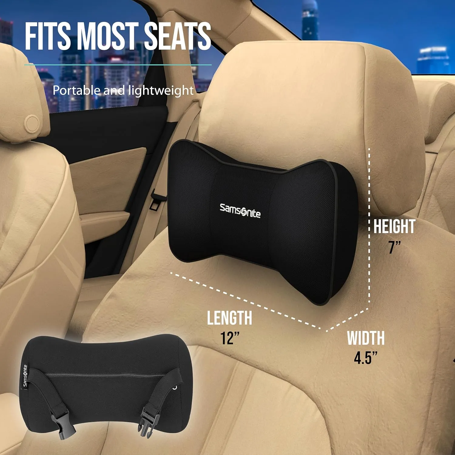 SAMSONITE Travel Neck Pillow – Memory Foam Car Seat Headrest Cushion, Ergonomic Neck Support for Driving, Adjustable Strap, Comfortable Head Rest for Long Trips, Travel Pillow for Cars & Office Chairs