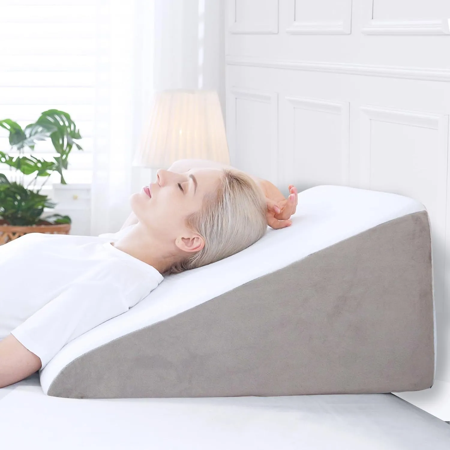 Sasttie Wedge Pillow, 12 Inch Memory Foam Bed Wedge Pillow for Sleeping, Acid Reflux, Back Pain, Post Surgery, and Snoring, Designed with Washable Cover, Light Gray