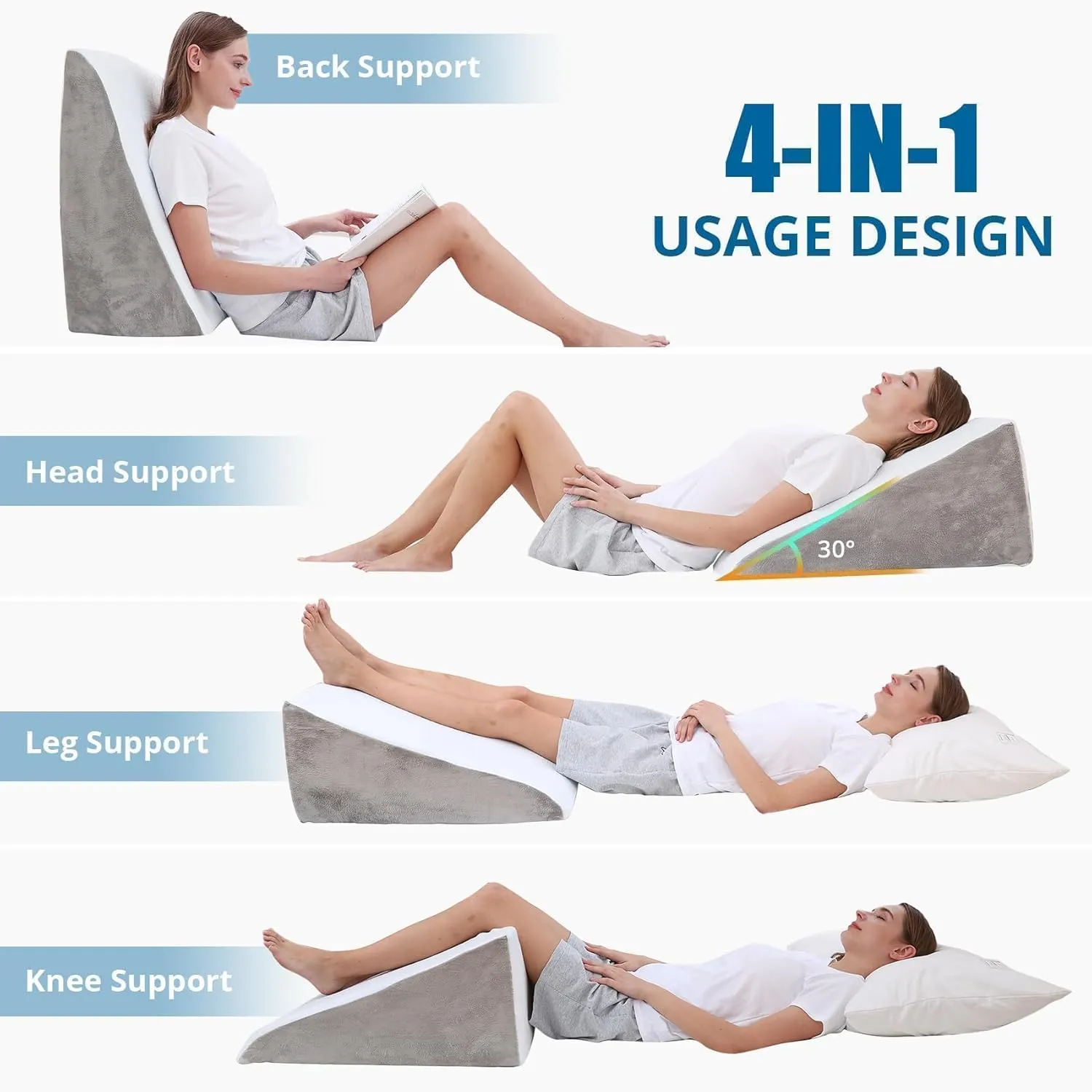 Sasttie Wedge Pillow, 12 Inch Memory Foam Bed Wedge Pillow for Sleeping, Acid Reflux, Back Pain, Post Surgery, and Snoring, Designed with Washable Cover, Light Gray