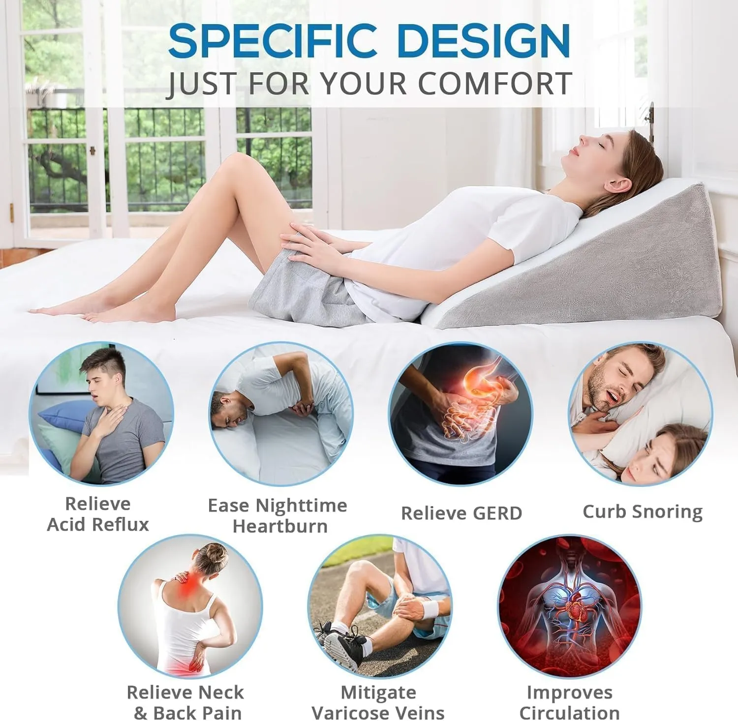 Sasttie Wedge Pillow, 12 Inch Memory Foam Bed Wedge Pillow for Sleeping, Acid Reflux, Back Pain, Post Surgery, and Snoring, Designed with Washable Cover, Light Gray
