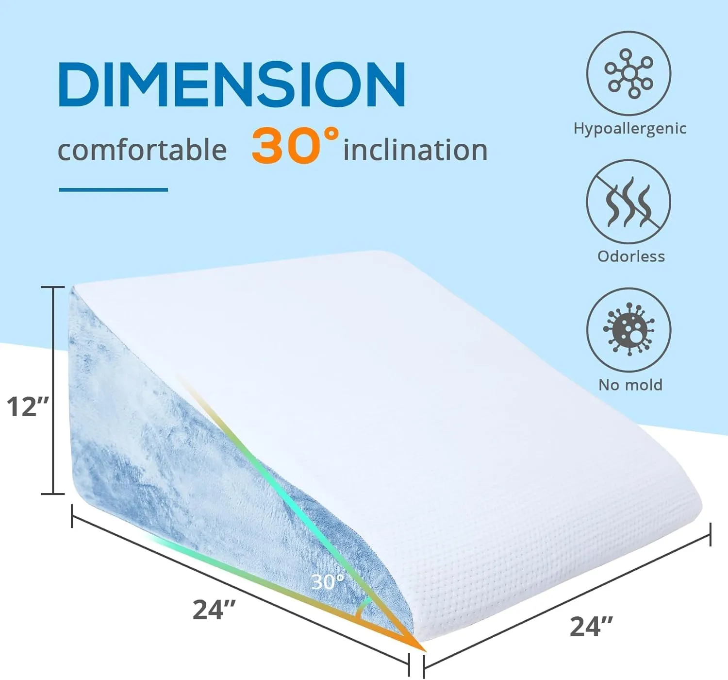 Sasttie Wedge Pillow, 12 Inch Memory Foam Bed Wedge Pillow for Sleeping, Acid Reflux, Back Pain, Post Surgery, and Snoring, Designed with Washable Cover, Sky Gray