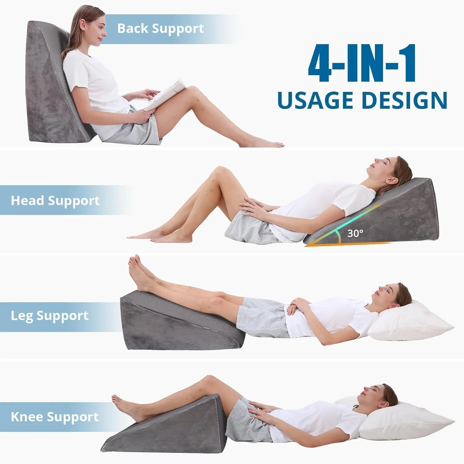 Sasttie Wedge Pillow, 12 Inch Memory Foam Bed Wedge Pillow for Sleeping, Acid Reflux, Back Pain, Post Surgery, and Snoring, Designed with Washable Cover, Solid Dark Gray