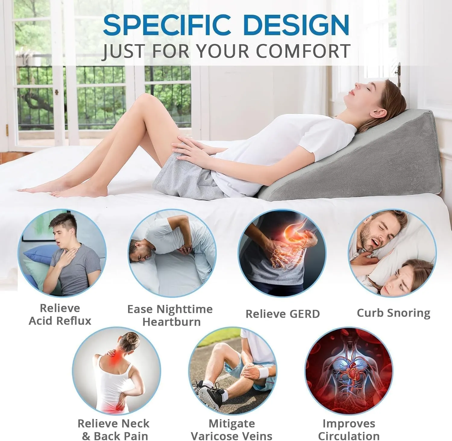 Sasttie Wedge Pillow, 12 Inch Memory Foam Bed Wedge Pillow for Sleeping, Acid Reflux, Back Pain, Post Surgery, and Snoring, Designed with Washable Cover, Solid Warm Gray