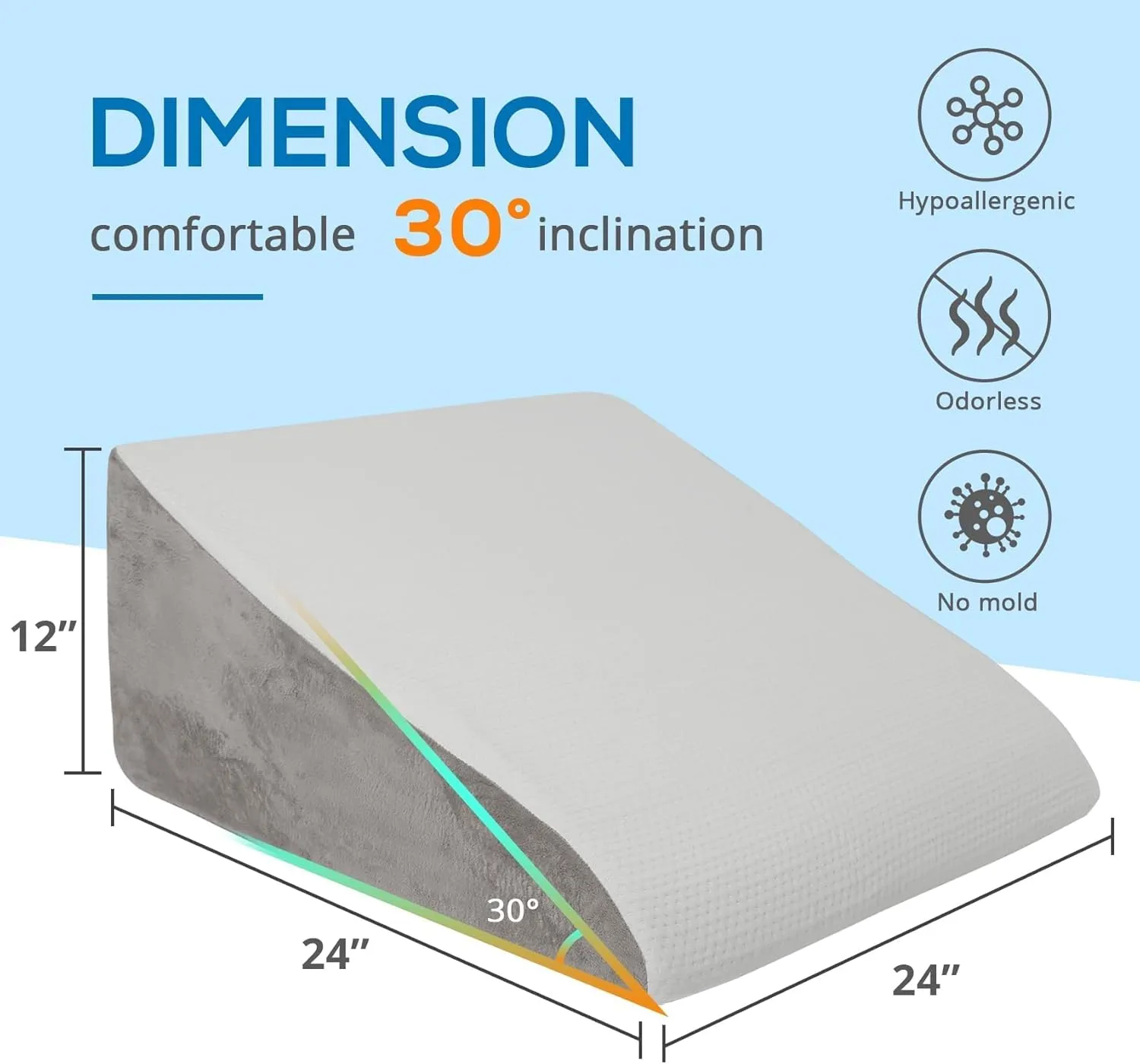Sasttie Wedge Pillow, 12 Inch Memory Foam Bed Wedge Pillow for Sleeping, Acid Reflux, Back Pain, Post Surgery, and Snoring, Designed with Washable Cover, Solid Warm Gray