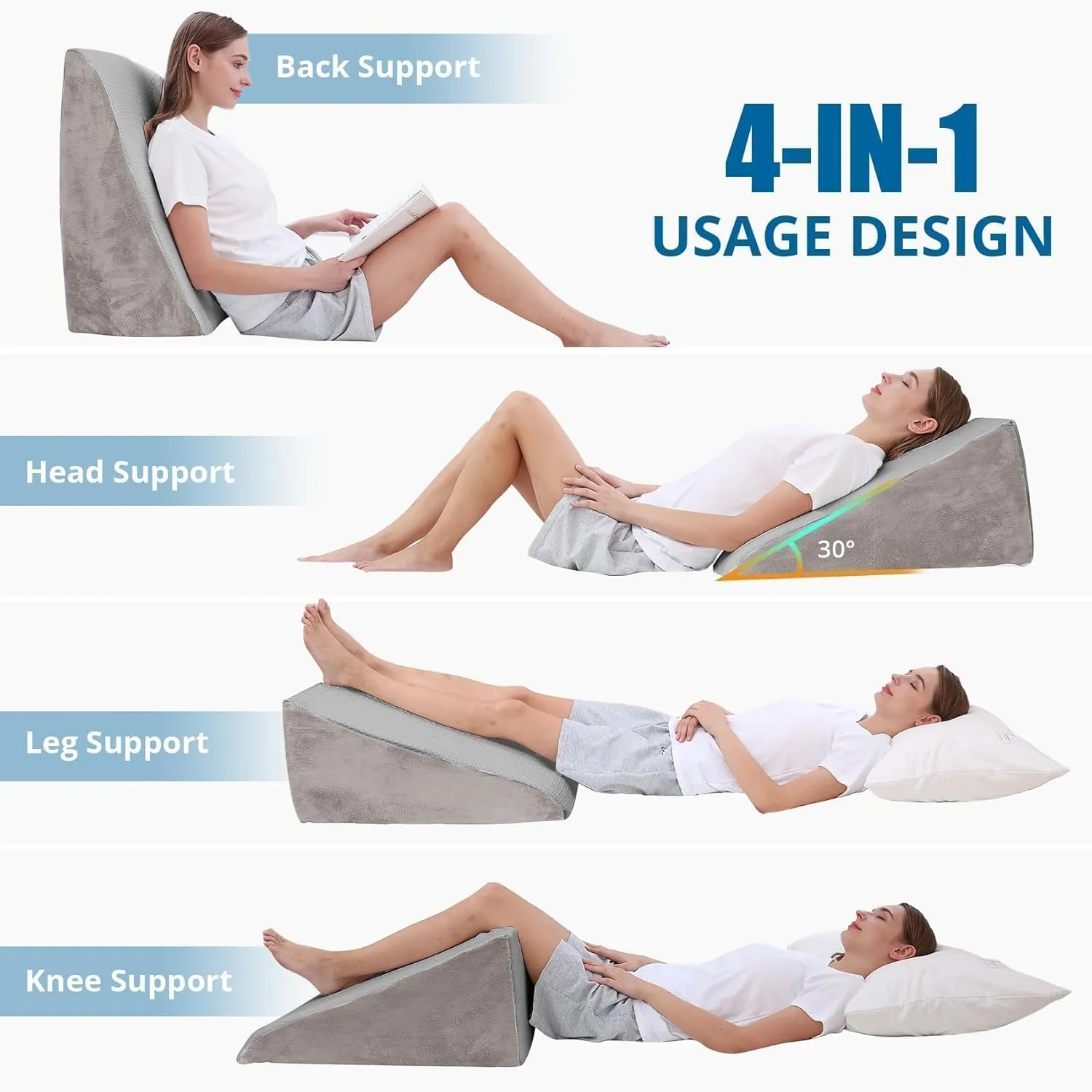 Sasttie Wedge Pillow, 12 Inch Memory Foam Bed Wedge Pillow for Sleeping, Acid Reflux, Back Pain, Post Surgery, and Snoring, Designed with Washable Cover, Solid Warm Gray