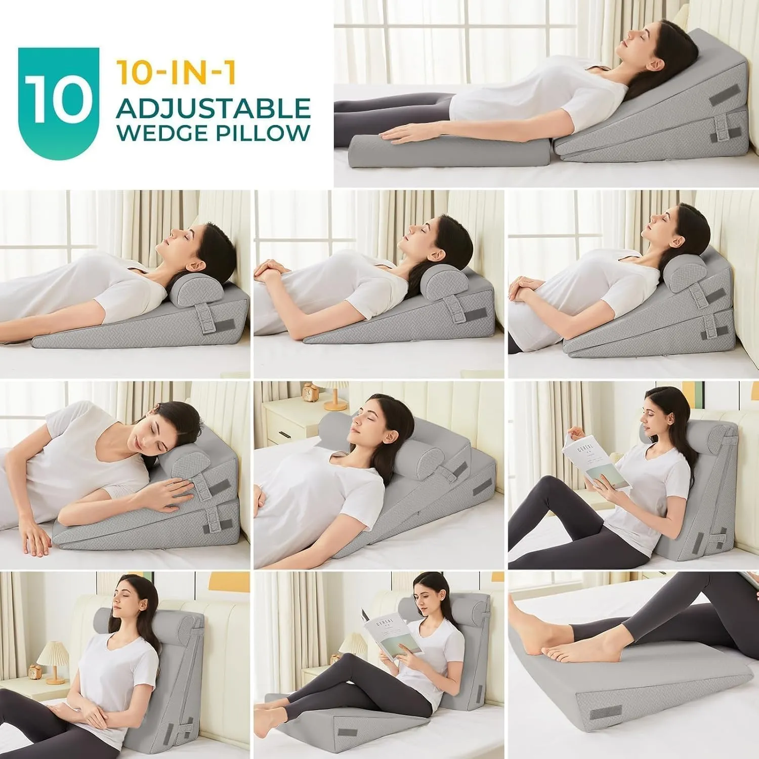 Sasttie Wedge Pillow, 3 Pcs Adjustable Headboard Wedge Pillow, Memory Foam Bed Wedge Pillow for Acid Reflux, Back and Legs Pain, Sleeping Wedge Pillow for Adults, Light Grey