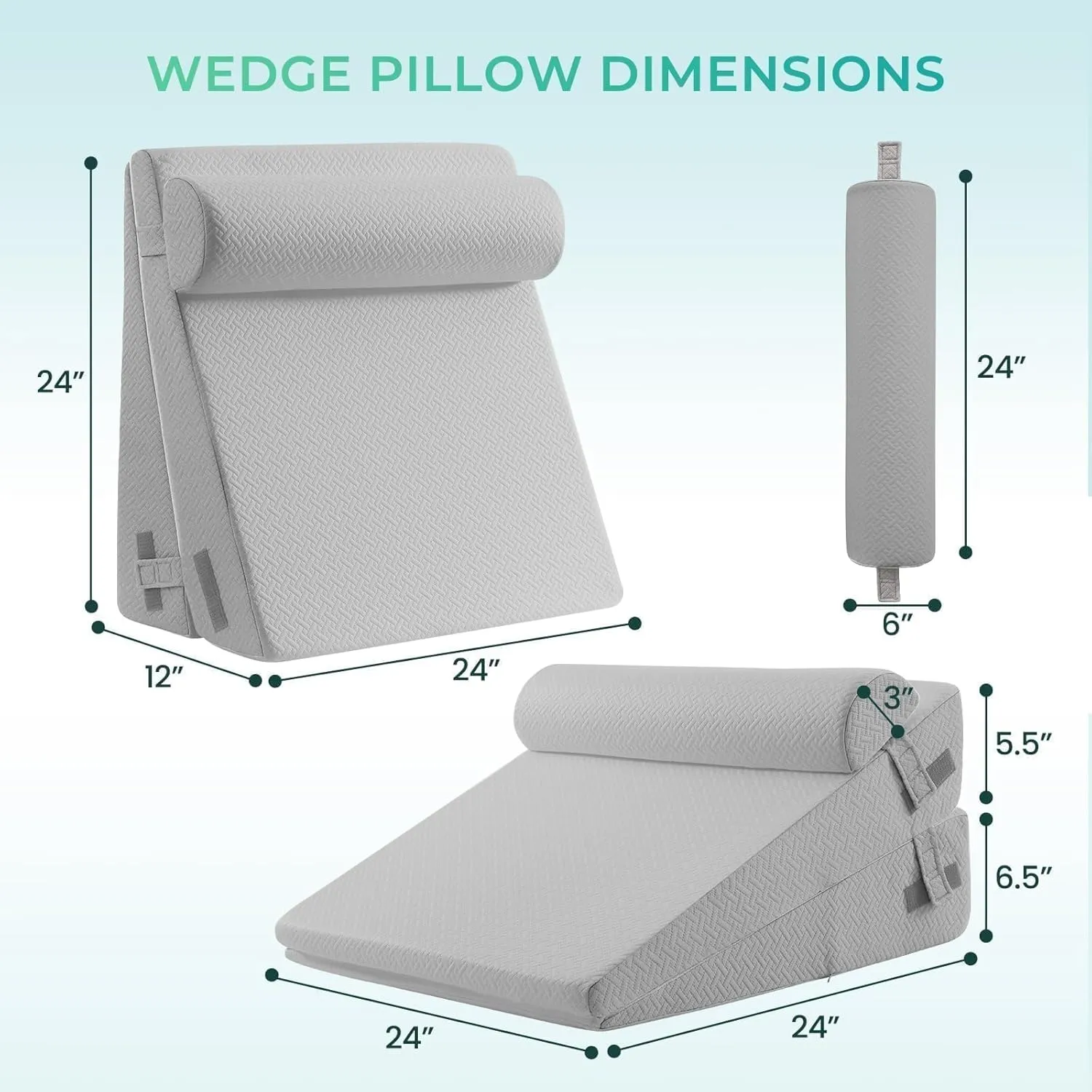 Sasttie Wedge Pillow, 3 Pcs Adjustable Headboard Wedge Pillow, Memory Foam Bed Wedge Pillow for Acid Reflux, Back and Legs Pain, Sleeping Wedge Pillow for Adults, Light Grey