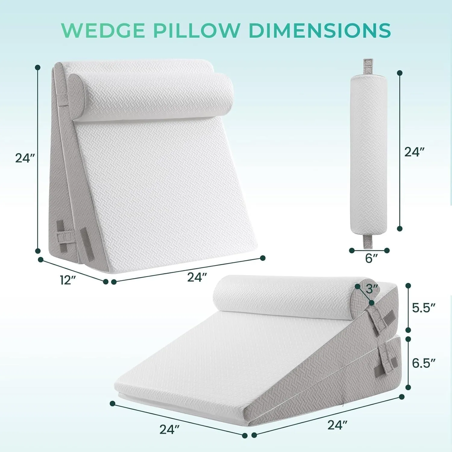 Sasttie Wedge Pillow, 3 Pcs Adjustable Headboard Wedge Pillow, Memory Foam Bed Wedge Pillow for Acid Reflux, Legs Pain, Sleeping Wedge Pillow for Adults, White & Light Grey