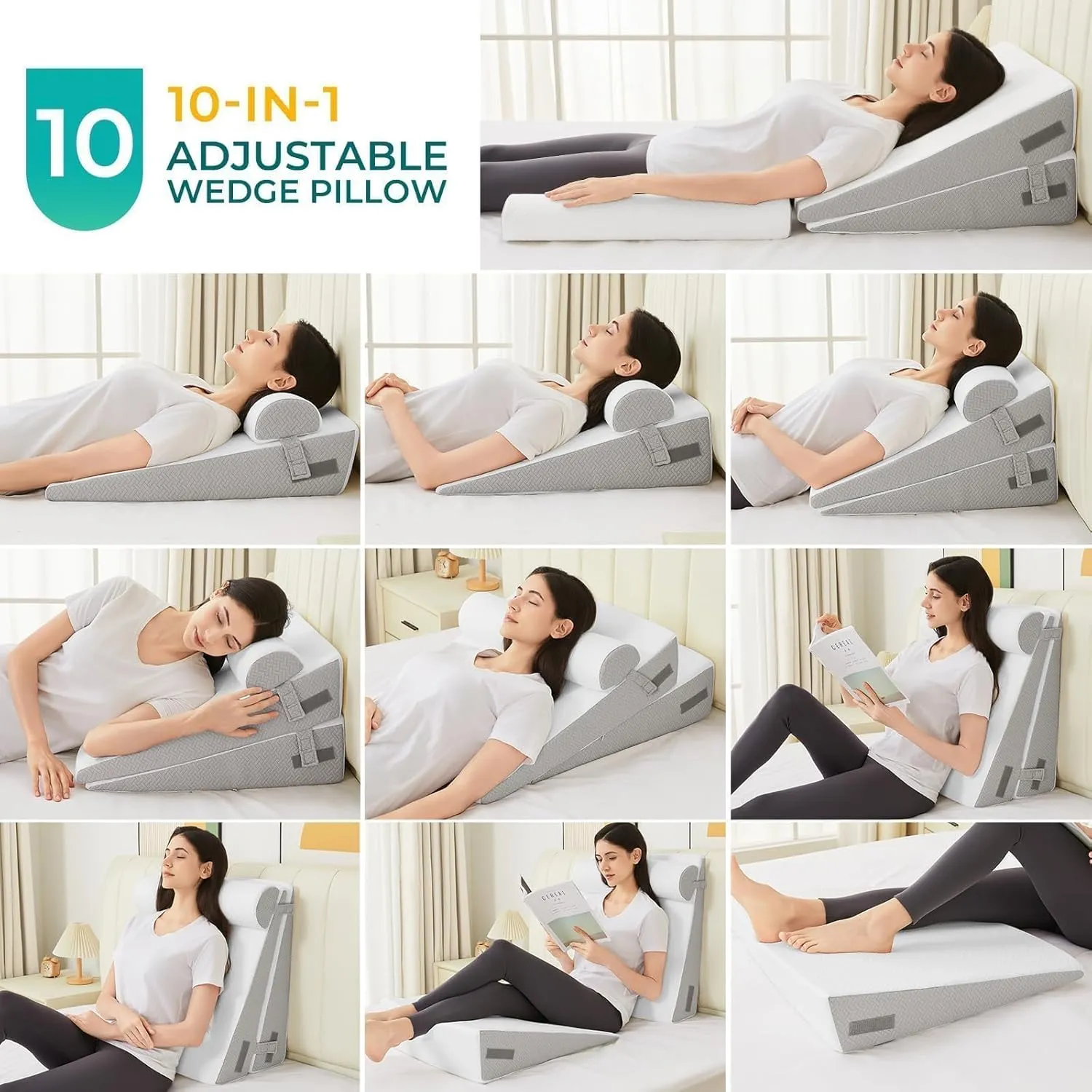 Sasttie Wedge Pillow, 3 Pcs Adjustable Headboard Wedge Pillow, Memory Foam Bed Wedge Pillow for Acid Reflux, Legs Pain, Sleeping Wedge Pillow for Adults, White & Light Grey