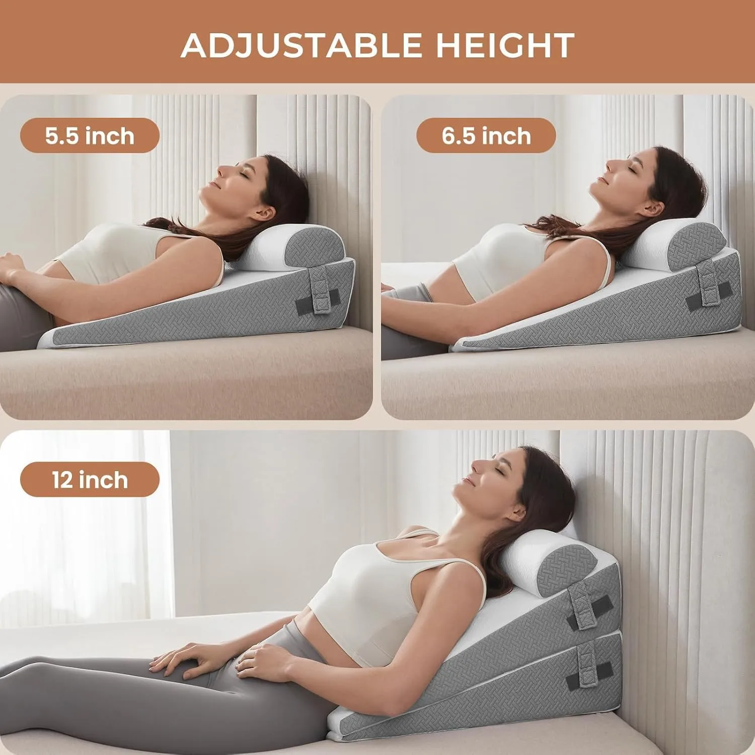 Sasttie Wedge Pillow, Bed Wedge Pillow Set for After Surgery, Acid Reflux and Sleeping, 3-Piece Detachable Design, Adjustable Height, White & Dark Grey