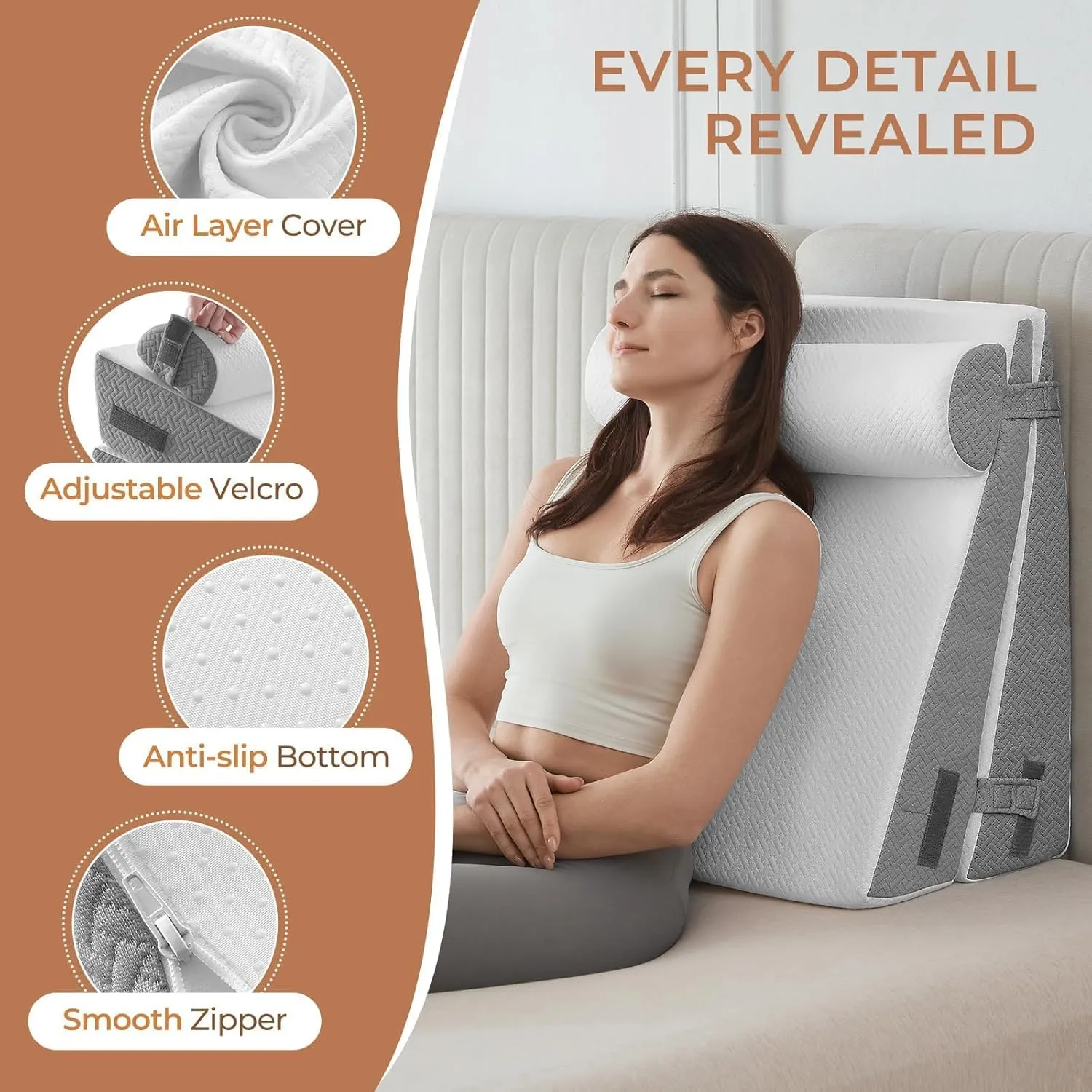 Sasttie Wedge Pillow, Bed Wedge Pillow Set for After Surgery, Acid Reflux and Sleeping, 3-Piece Detachable Design, Adjustable Height, White & Dark Grey