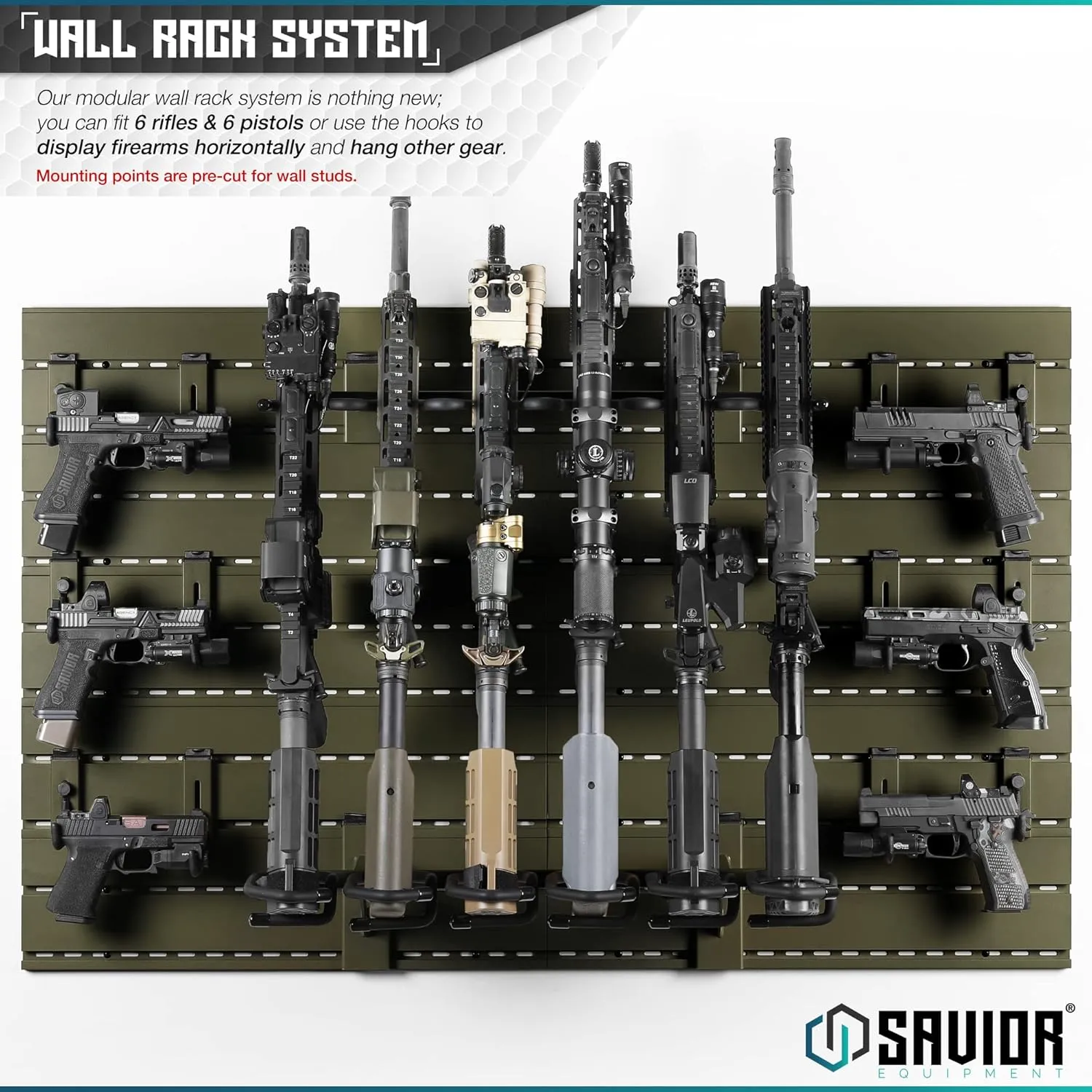 Savior Equipment Wall Rack System Heavy-Duty Steel Tactical Rifle Carbine Shotgun Handgun Storage Wall Mount, Modular Firearms Gun Wall Gear Accessories Organizer, Holds up to 6 Rifles & 6 Pistols