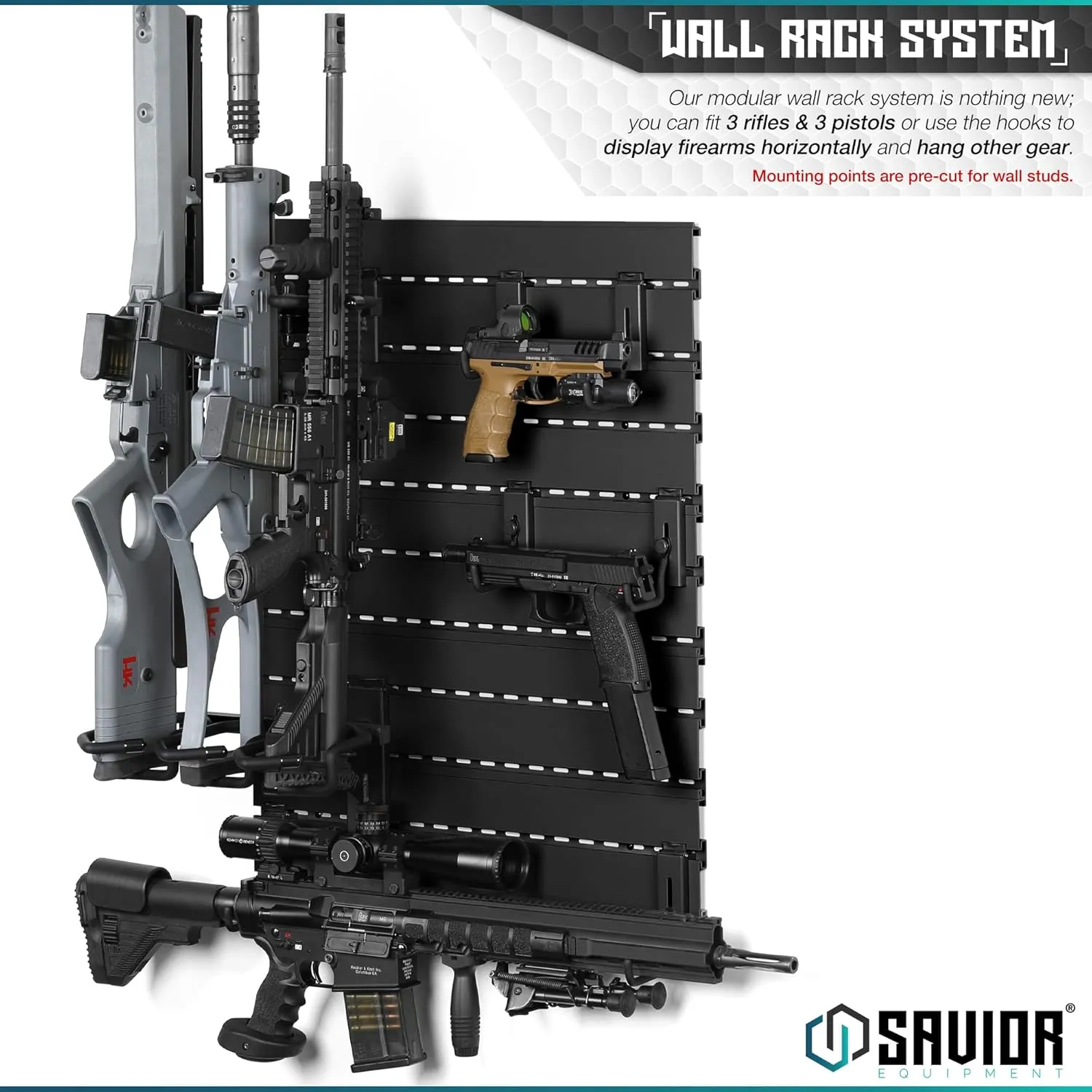 Savior Equipment Wall Rack System Heavy-Duty Steel Tactical Rifle Carbine Shotgun Handgun Storage Wall Mount, Modular Firearms Gun Wall Gear Accessories Organizer, Holds up to 6 Rifles & 6 Pistols