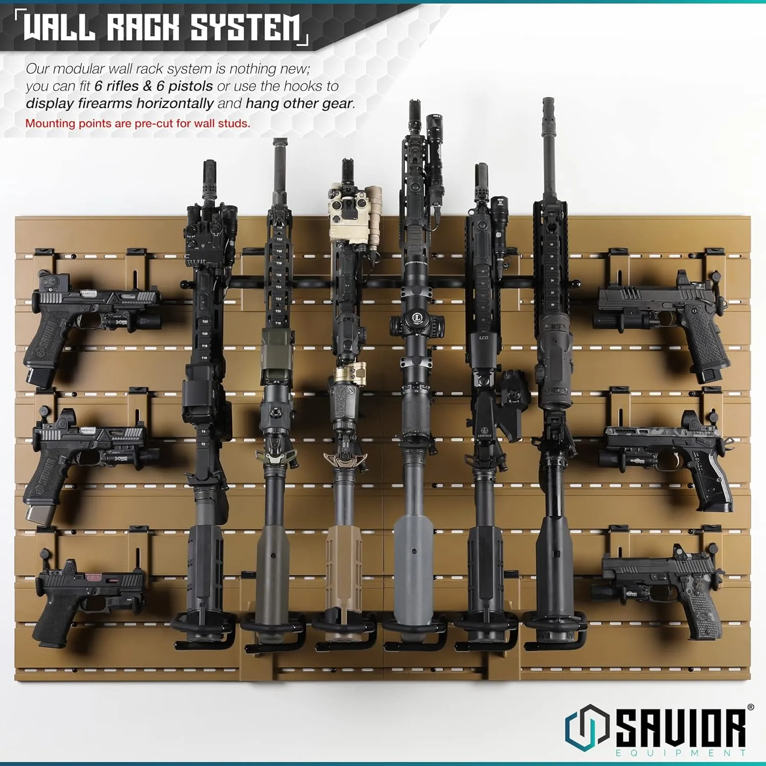 Savior Equipment Wall Rack System Heavy-Duty Steel Tactical Rifle Carbine Shotgun Handgun Storage Wall Mount, Modular Firearms Gun Wall Gear Accessories Organizer, Holds up to 6 Rifles & 6 Pistols
