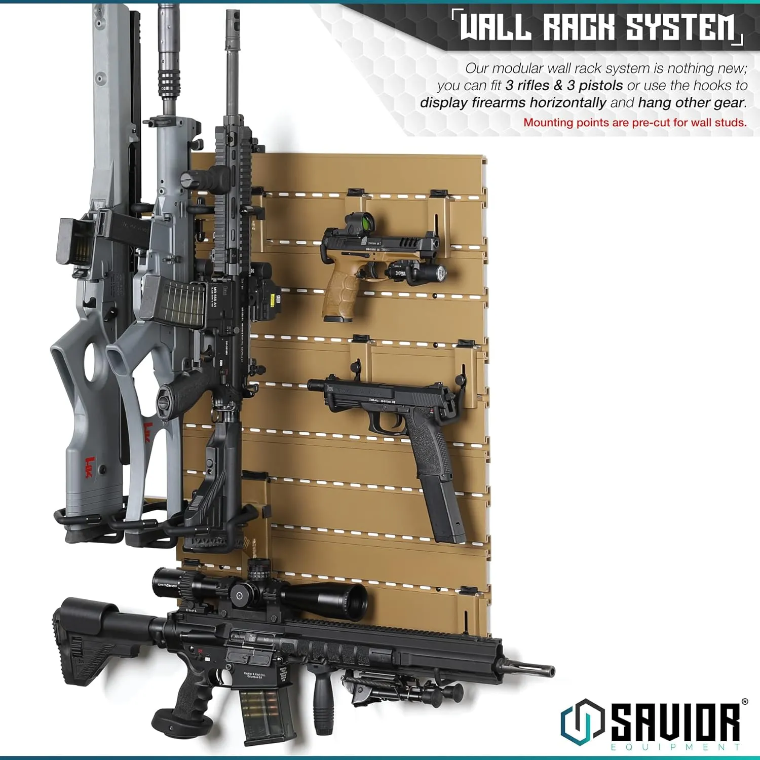 Savior Equipment Wall Rack System Heavy-Duty Steel Tactical Rifle Carbine Shotgun Handgun Storage Wall Mount, Modular Firearms Gun Wall Gear Accessories Organizer, Holds up to 6 Rifles & 6 Pistols