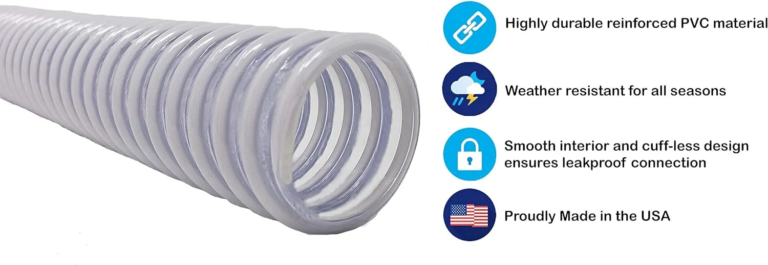 Sealproof 1.25 x 59 Inch Pool Filter Pump Connection Hose for 1-1/4 (32mm) Intex Systems and Above Ground Pools, Premium Quality Kinkproof PVC, Made in USA | Includes 4 Hose Clamps, 2-Pack