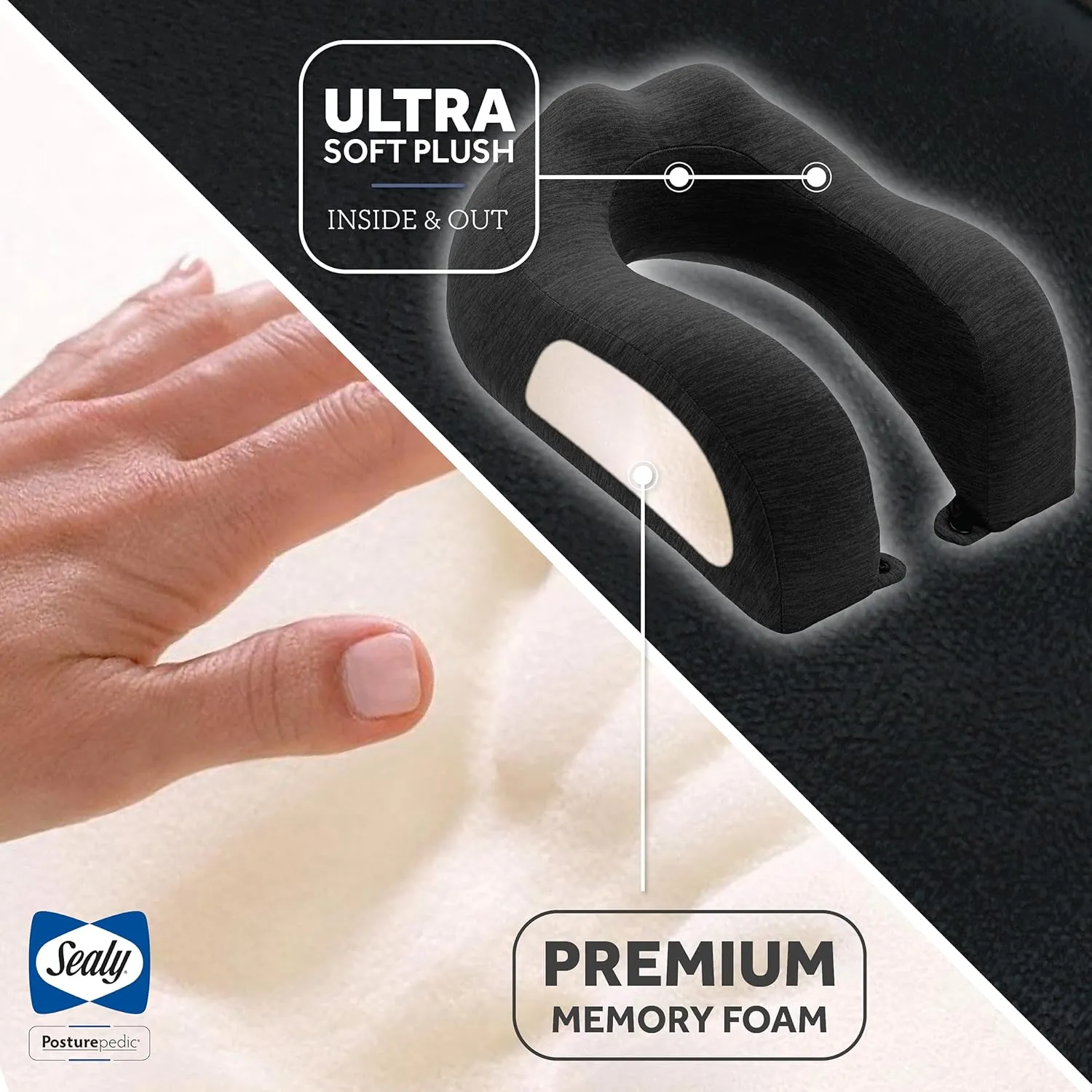 SEALY, Ergonomic Travel Pillow with Premium Memory Foam, Tailored Just for You with Contoured Support, The Ultimate Relaxation for Flights, Road Trips, and Your Home, Black