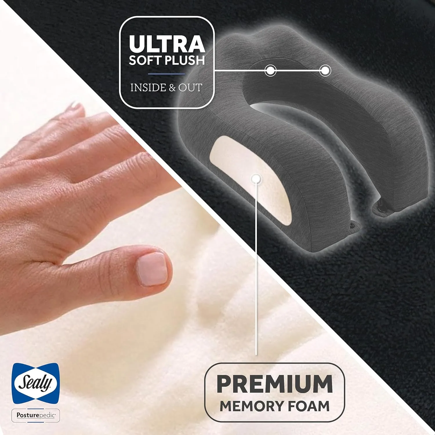 Sealy, Ergonomic Travel Pillow with Premium Memory Foam, Tailored Just for You with Contoured Support, The Ultimate Relaxation for Flights, Road Trips, and Your Home, Gray