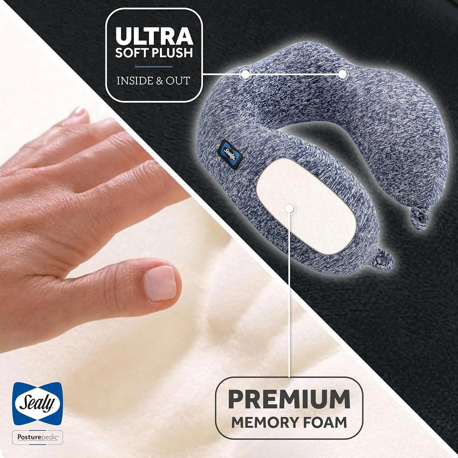 SEALY, Snag Fit Travel Pillow with Premium Memory Foam, Tailored Just for You with Contoured Support, The Ultimate Relaxation for Flights, Road Trips, and Your Home, Mixed Blue/Gray