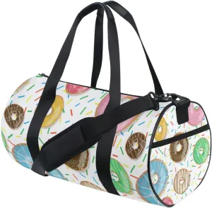 Seamless Colorful Donuts and Sweets Dots Doughnuts on White Duffel Bag, Foldable Canvas Travel Tote for Gym Sports with Inner Pockets, Durable Lightweight Fitness Bag for Overnight Workout