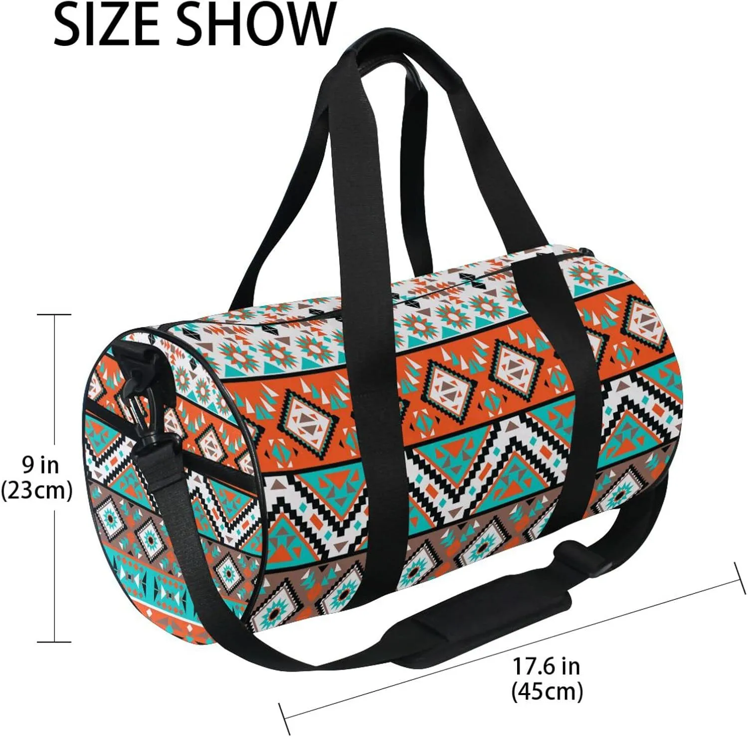 Seamless Navajo Tribal Ethnic Turquoise Orange White pattern Duffel Bag, Foldable Canvas Travel Tote for Gym Sports with Inner Pockets, Durable Lightweight Fitness Bag for Overnight Workout