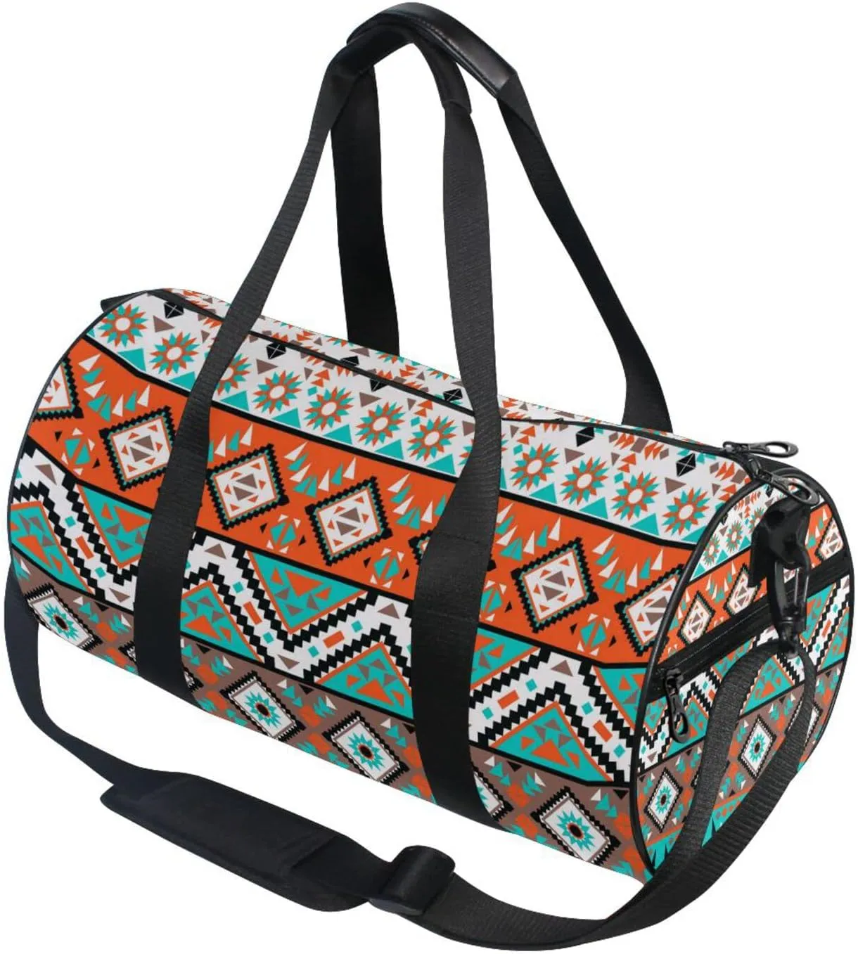 Seamless Navajo Tribal Ethnic Turquoise Orange White pattern Duffel Bag, Foldable Canvas Travel Tote for Gym Sports with Inner Pockets, Durable Lightweight Fitness Bag for Overnight Workout